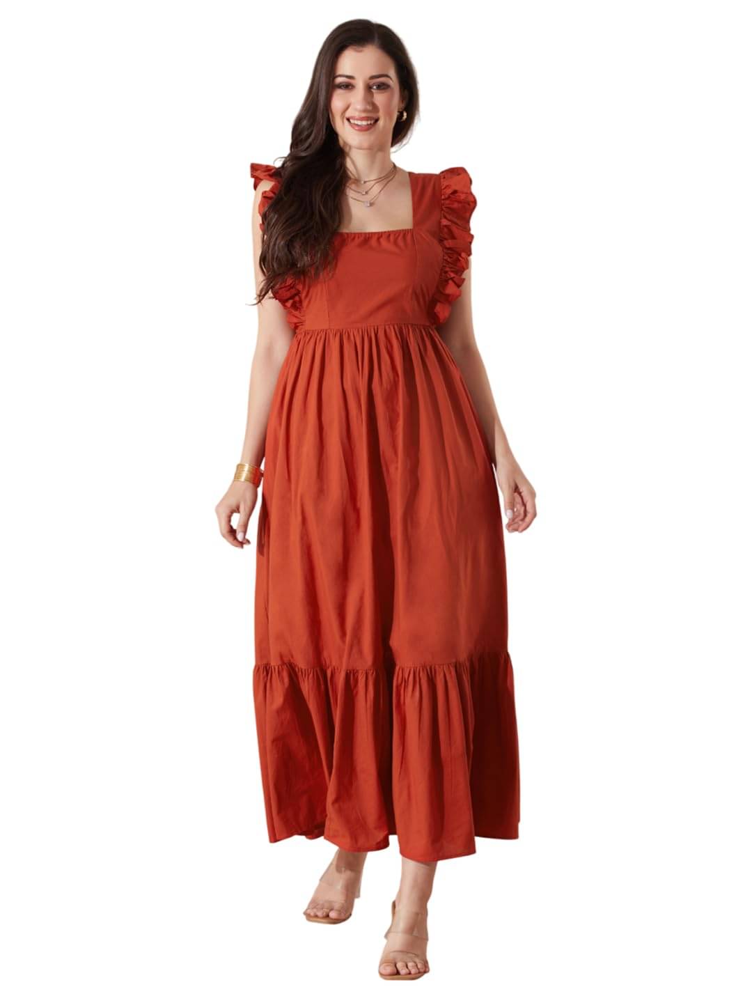 Globus Women Cotton Fit & Flare Dress ( Rust )     			Globus Women Cotton Fit & Flare Dress ( Rust )