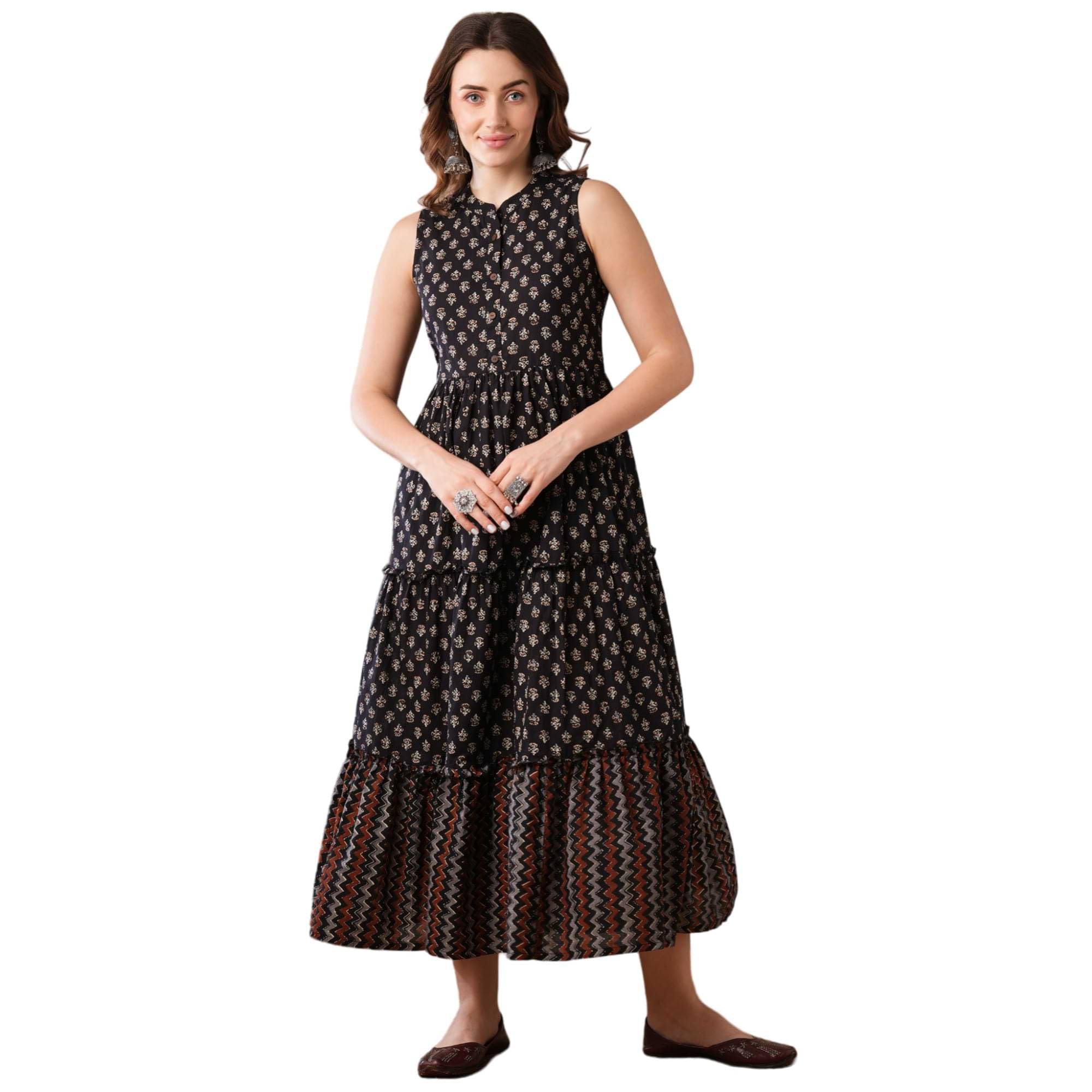    			Globus Women Cotton Fit & Flare Dress ( Black )