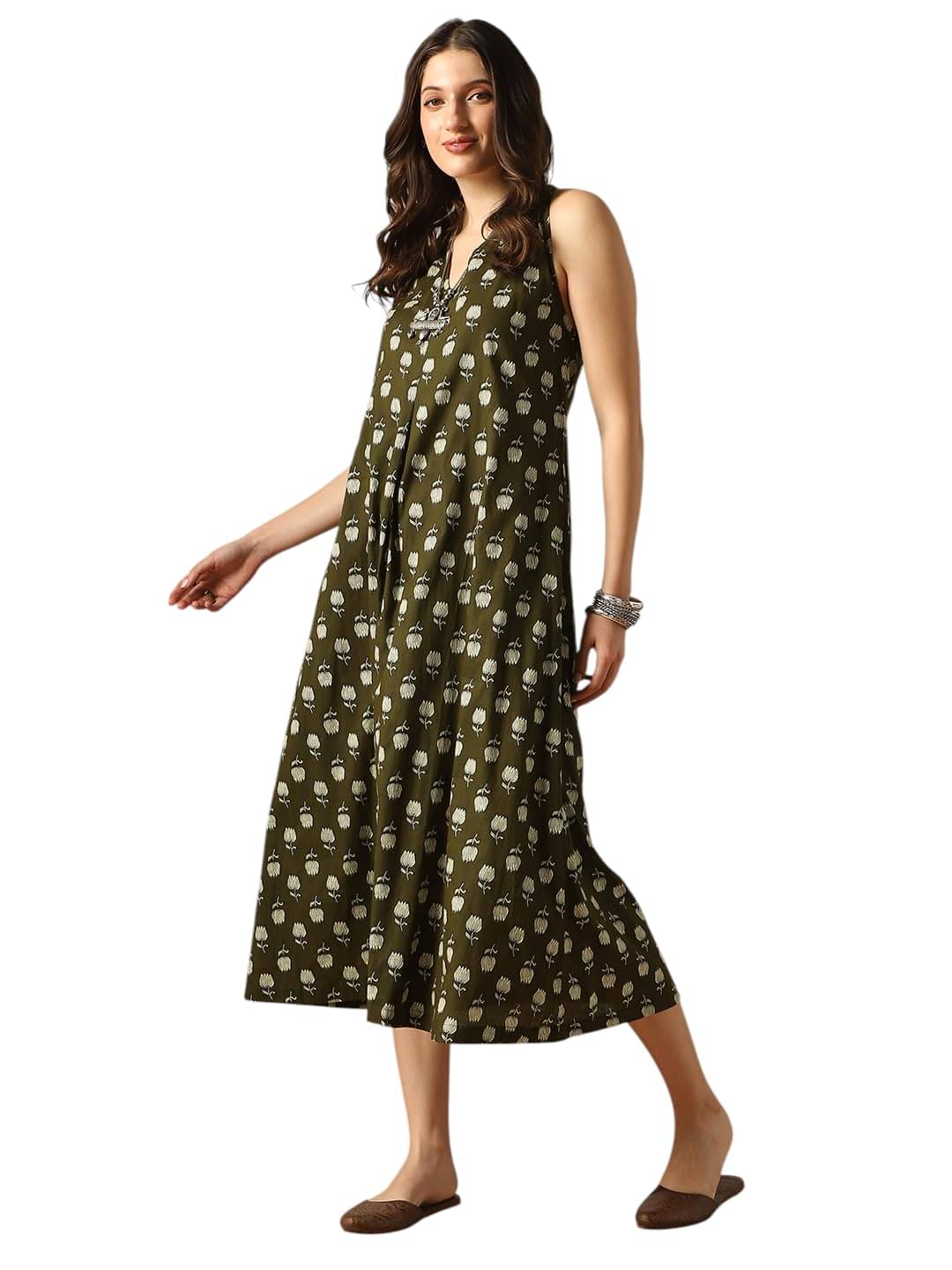     			Globus Women Cotton blend A-line Dress ( Olive )