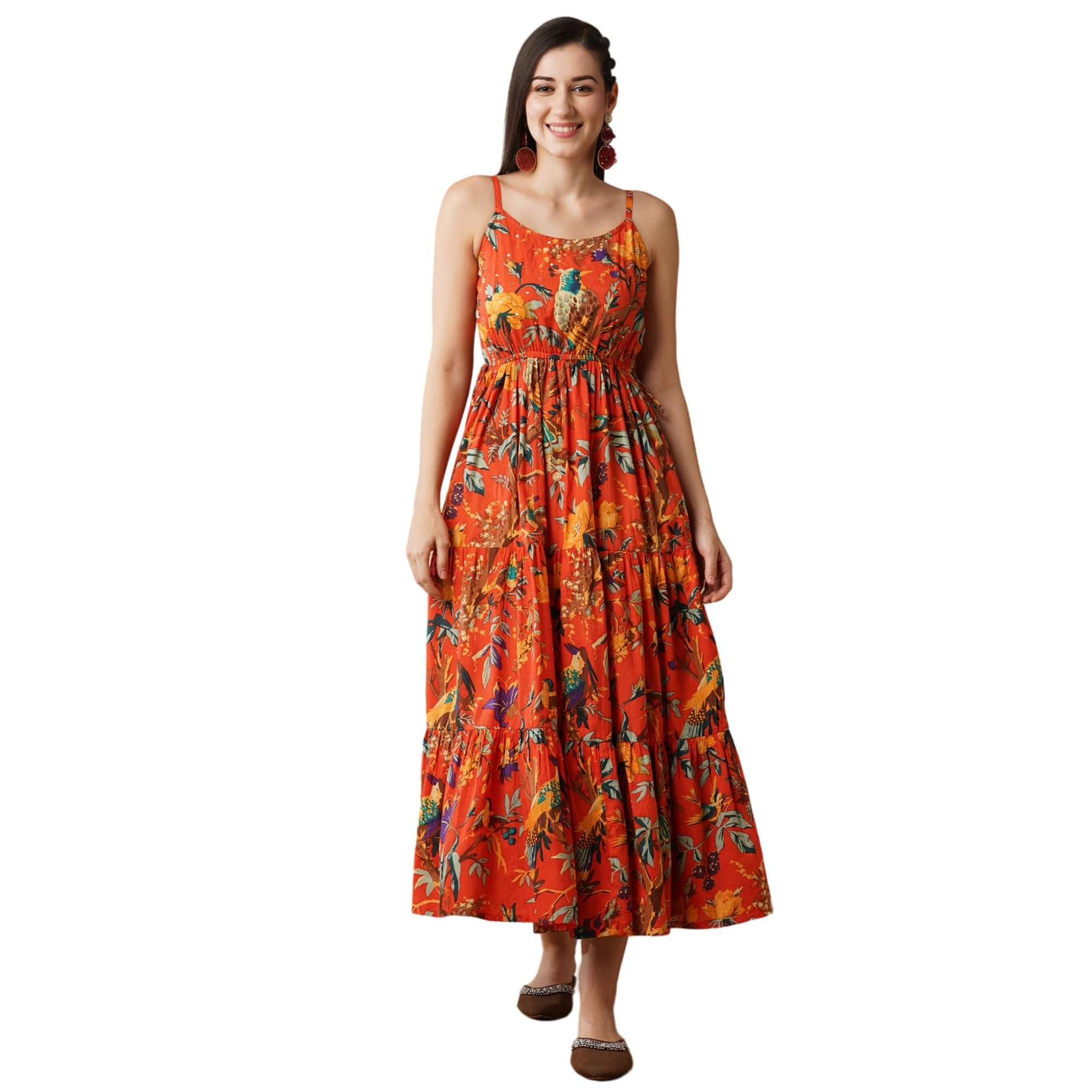     			Globus Women Cotton blend Fit & Flare Dress ( Orange )