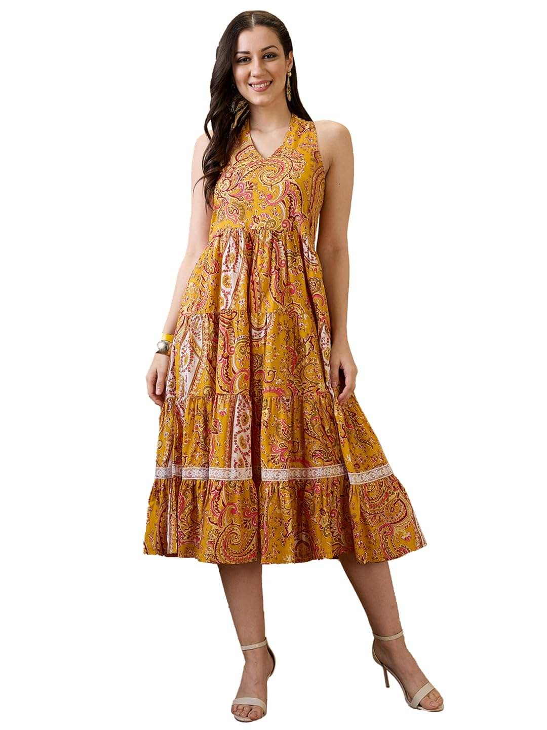     			Globus Women Cotton blend Fit & Flare Dress ( Yellow )