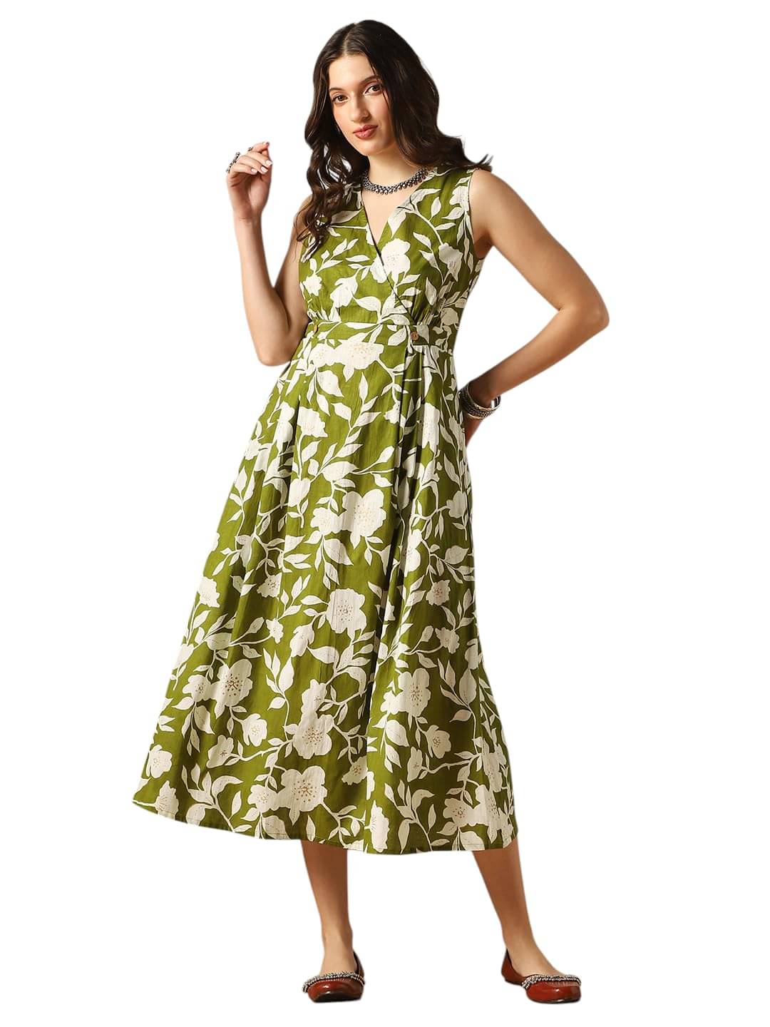     			Globus Women Cotton blend Fit & Flare Dress ( Green )