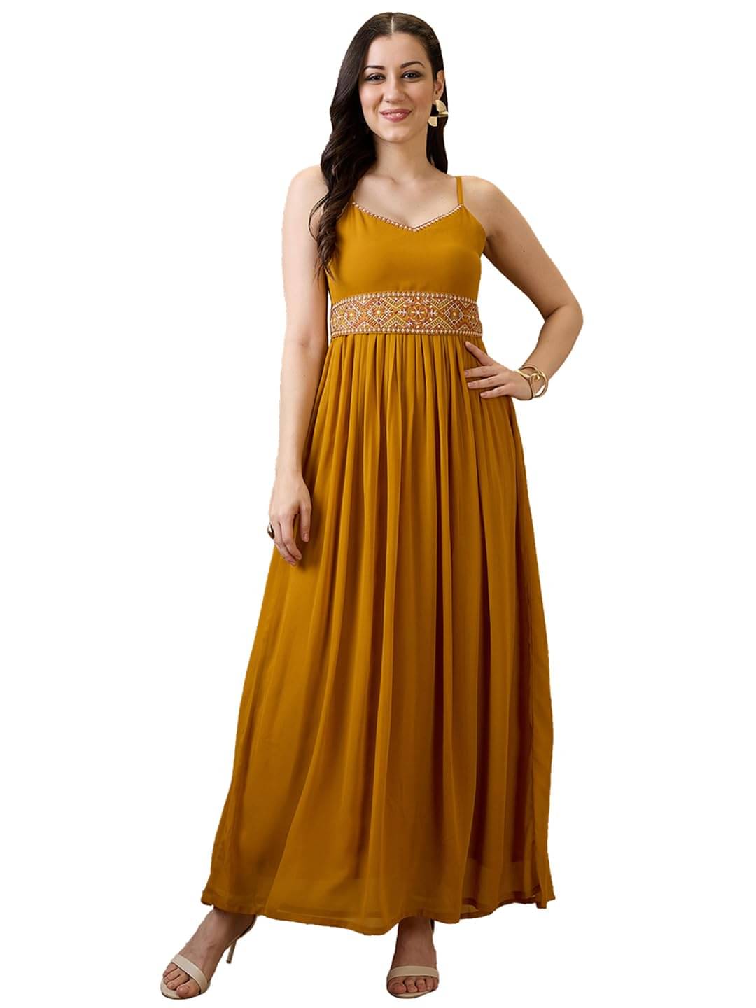     			Globus Women Georgette A-line Dress ( Yellow )