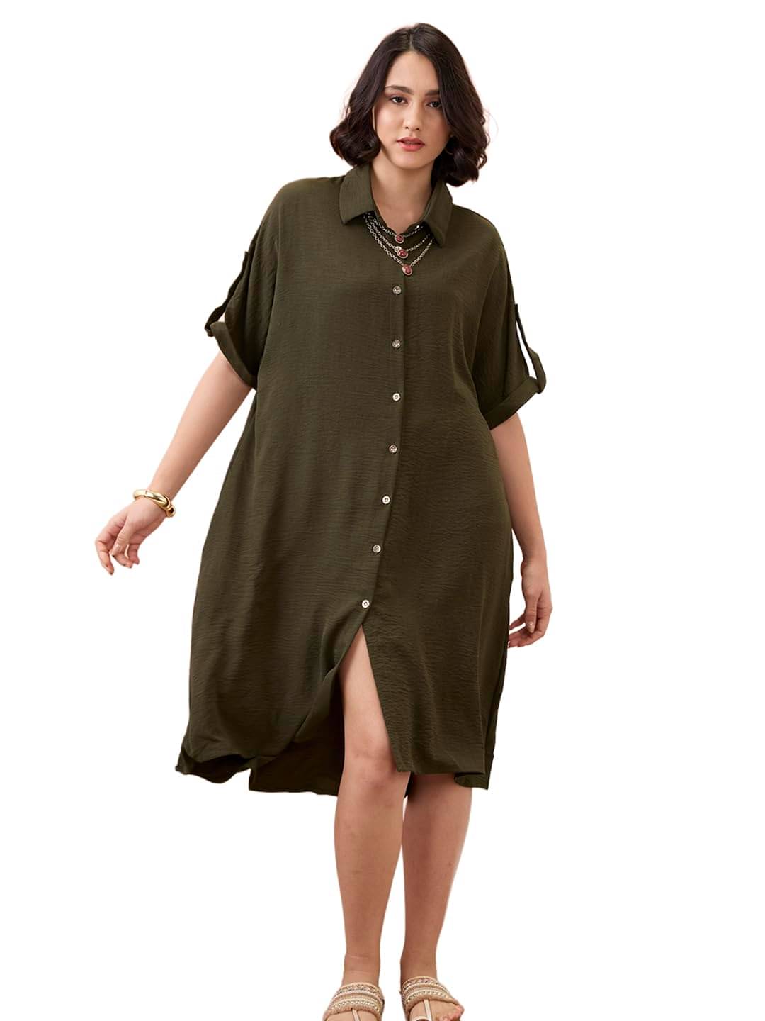 Globus Women Polyester Blend Shirt Dress ( Olive ) Globus Women Polyester Blend Shirt Dress ( Olive )