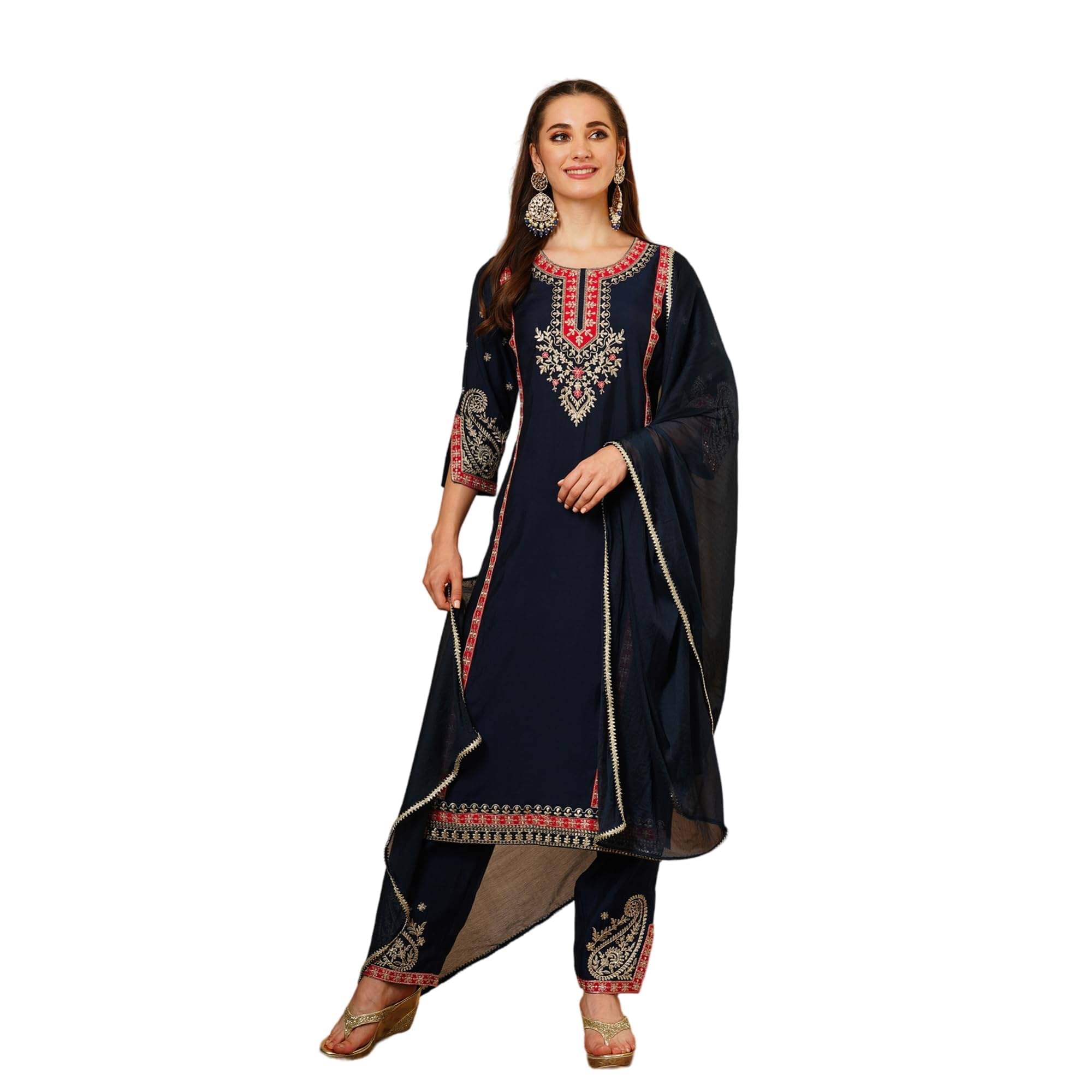     			Globus Women Silk Solid Straight Kurti with Pants ( Navy Blue )