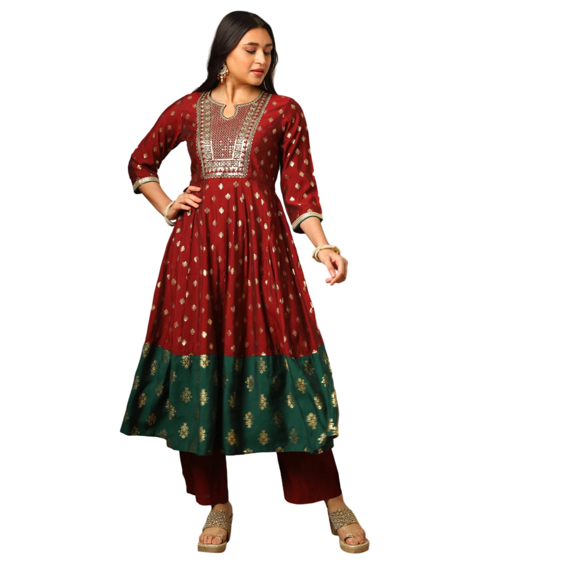     			Globus Women Viscose Embroidered Anarkali Kurti with Pants ( Maroon )