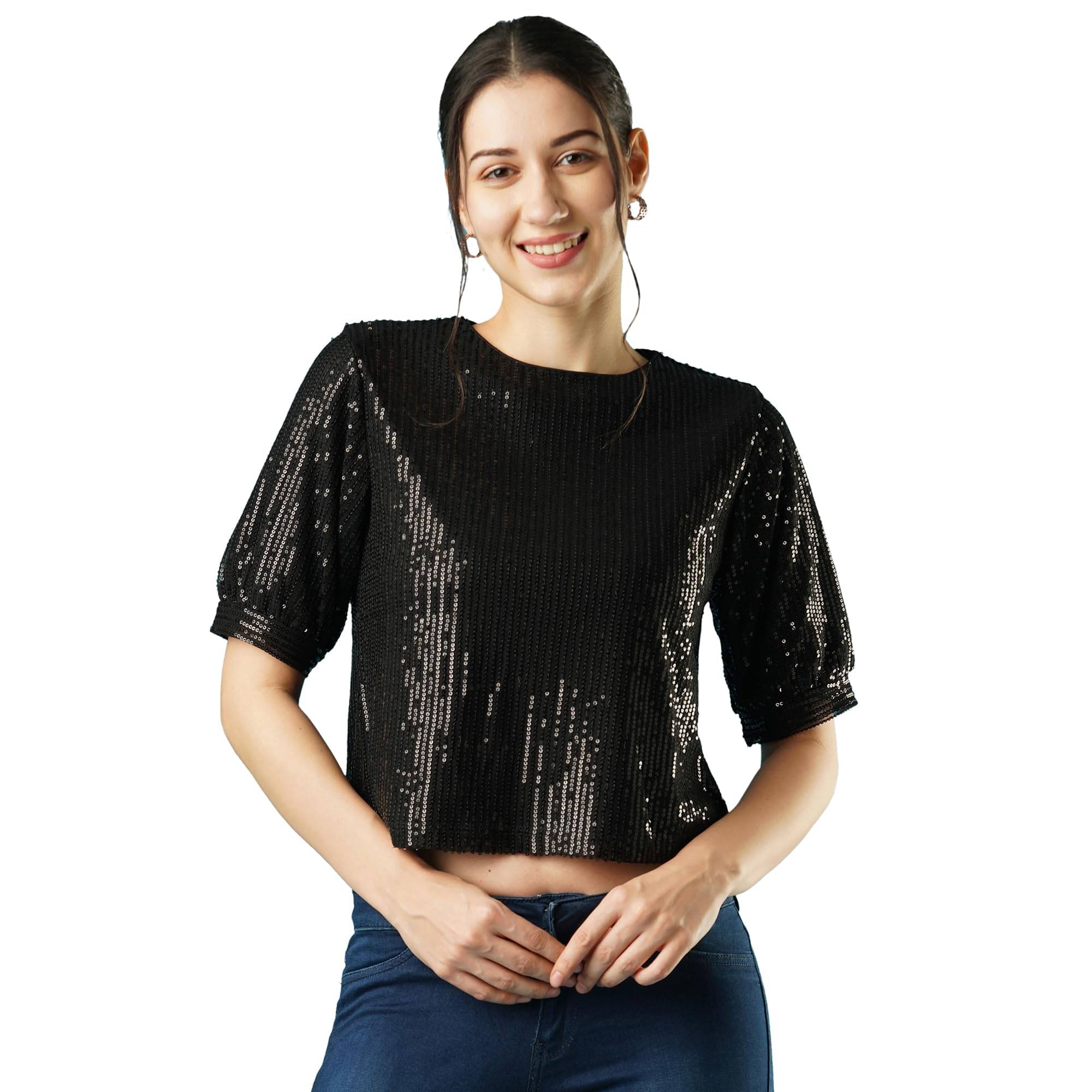 Globus Women's Chiffon Crop Top ( Black )     			Globus Women's Chiffon Crop Top ( Black )