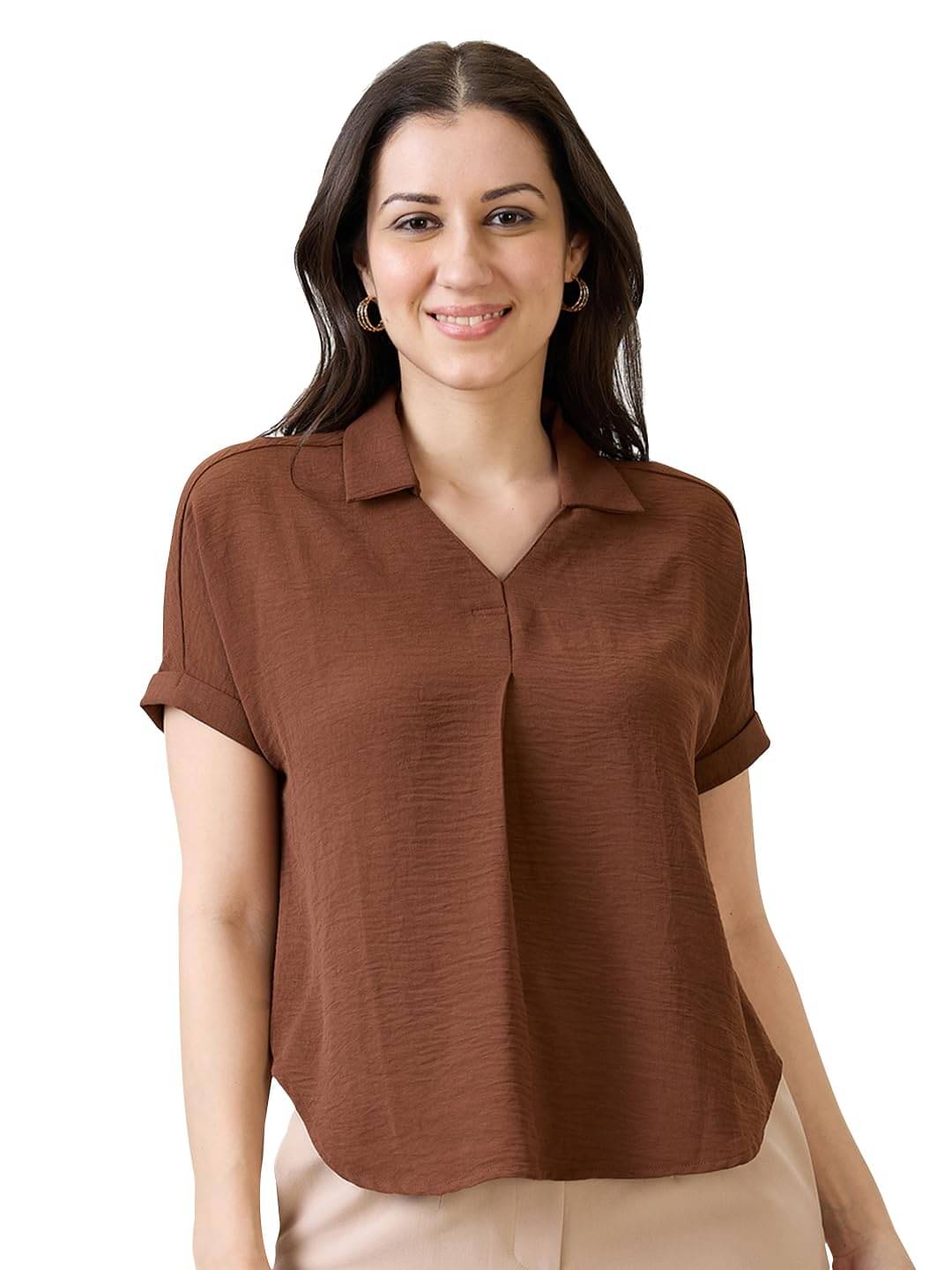 Globus Women's Cotton Blend Regular Top ( Brown )     			Globus Women's Cotton Blend Regular Top ( Brown )