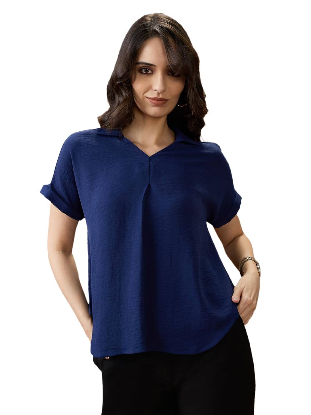 Globus Women's Cotton Blend Regular Top ( Blue )     			Globus Women's Cotton Blend Regular Top ( Blue )