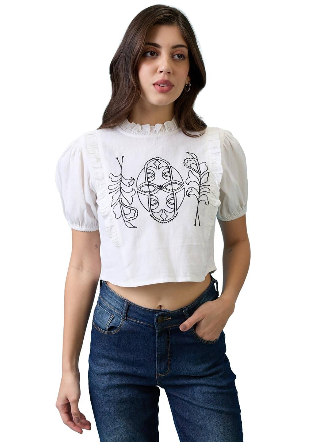 Globus Women's Cotton Blend Regular Top ( White )     			Globus Women's Cotton Blend Regular Top ( White )
