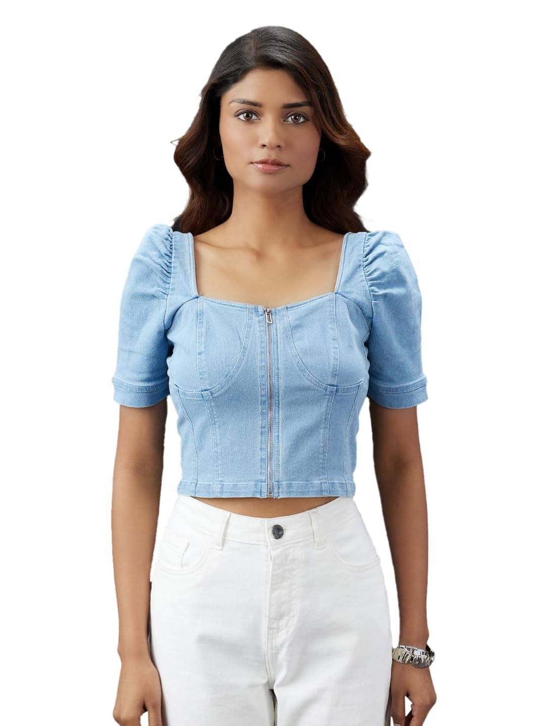 Globus Women's Cotton Blend Crop Top ( Blue )     			Globus Women's Cotton Blend Crop Top ( Blue )