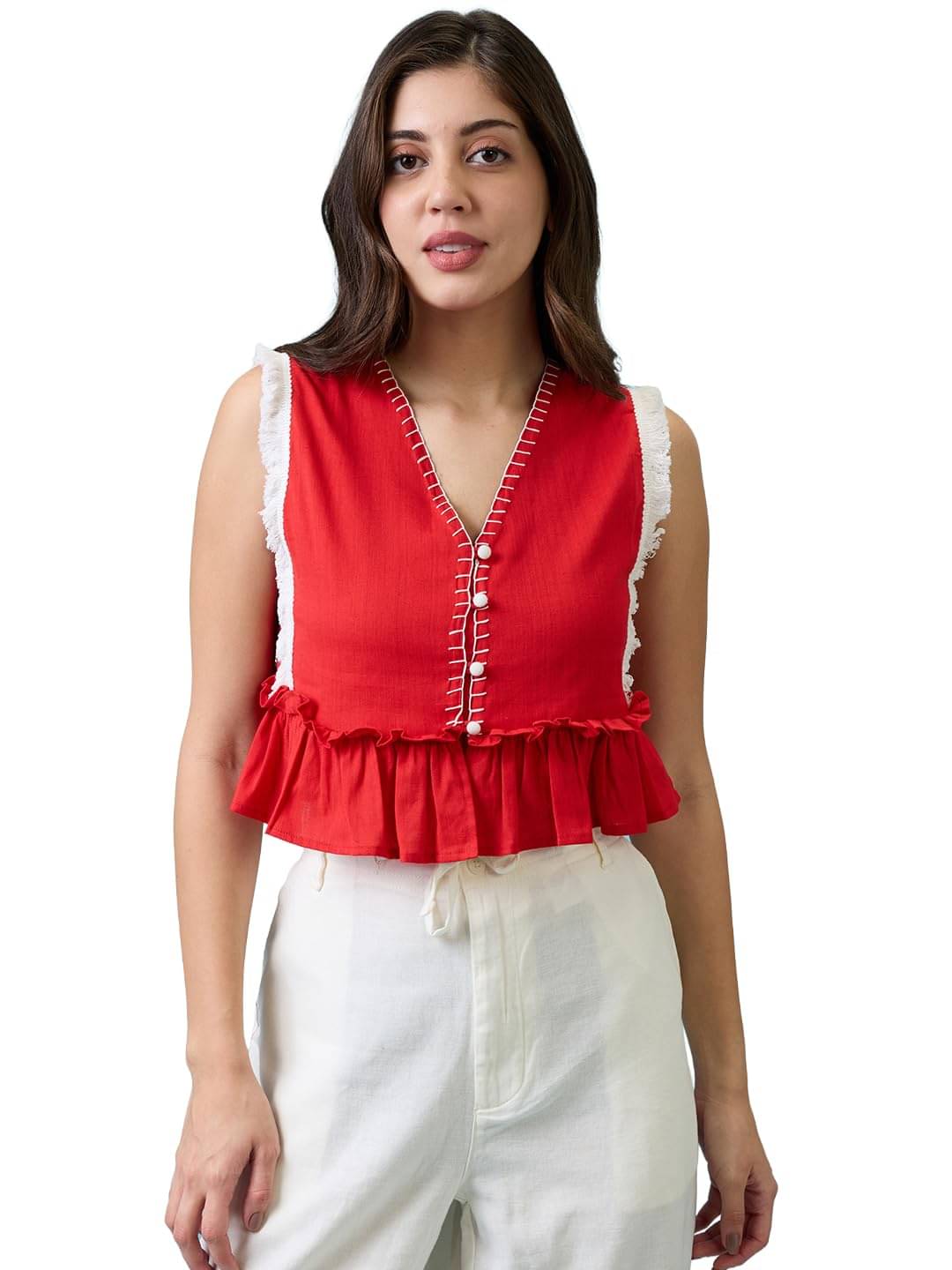     			Globus Women's Faux Leather Crop Top ( Red )