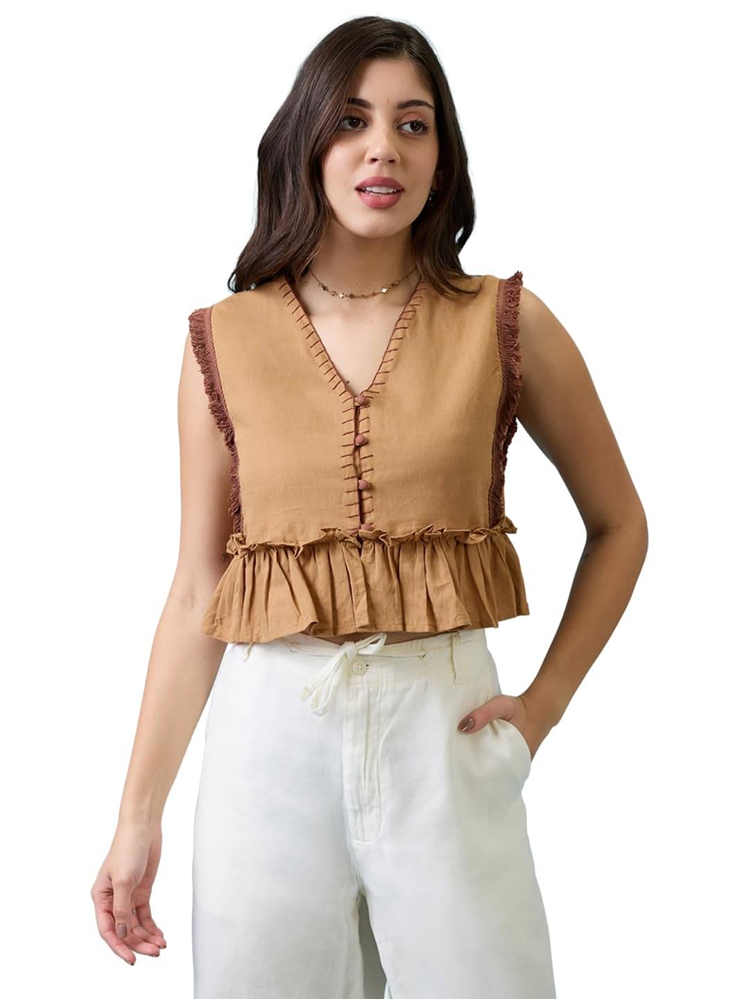     			Globus Women's Faux Leather Crop Top ( Beige )