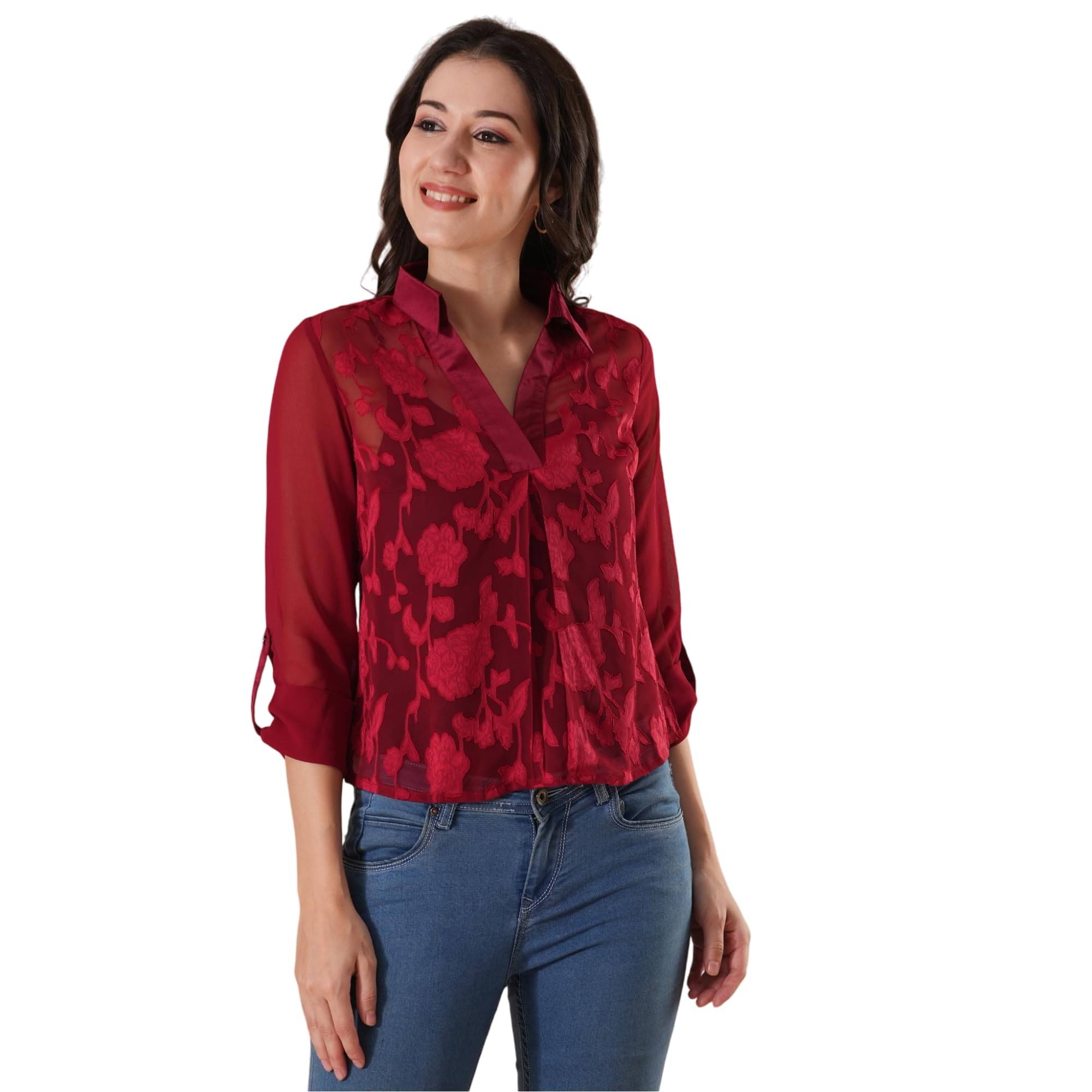 Globus Women's Georgette Crop Top ( Maroon ) Globus Women's Georgette Crop Top ( Maroon )