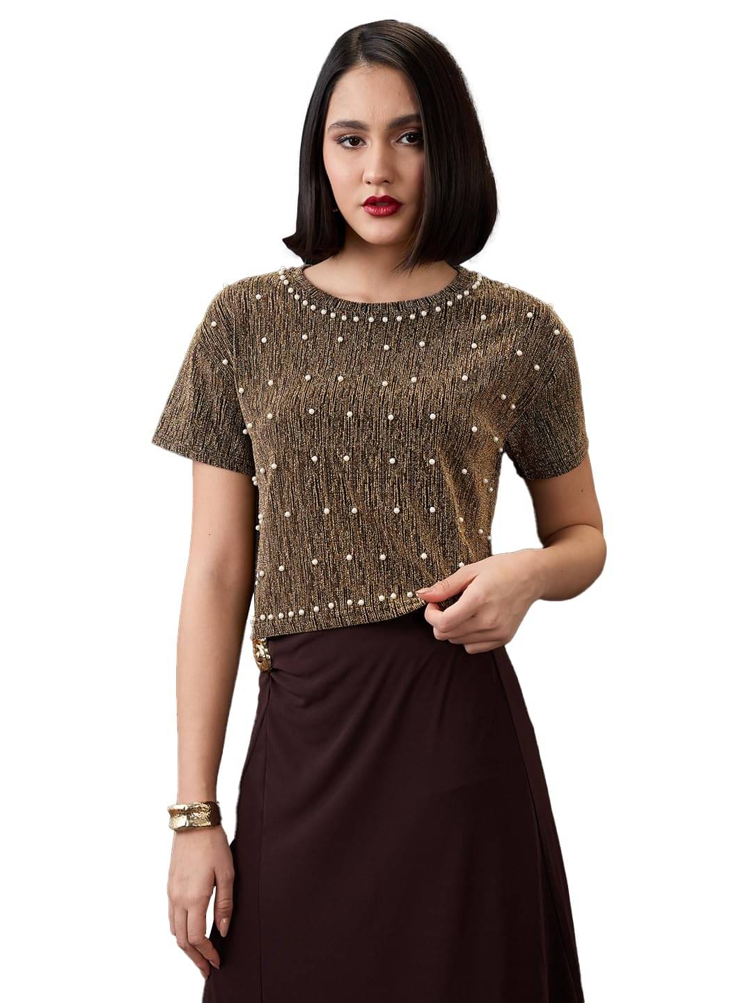 Globus Women's Polyester Crop Top ( Gold )     			Globus Women's Polyester Crop Top ( Gold )