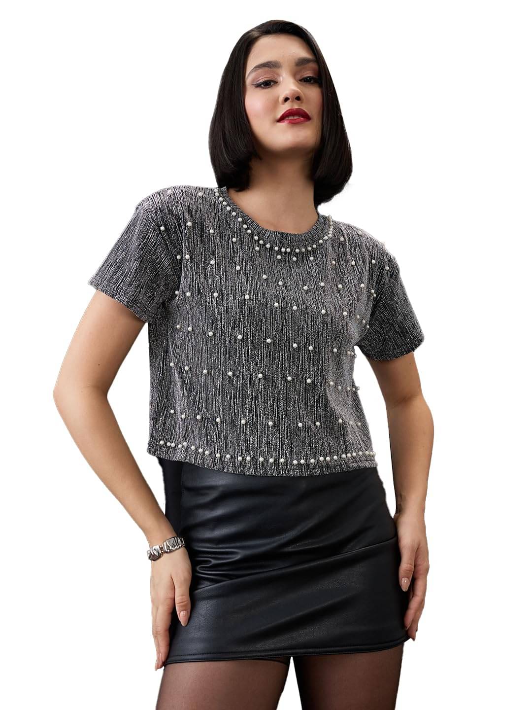 Globus Women's Polyester Crop Top ( Grey ) Globus Women's Polyester Crop Top ( Grey )