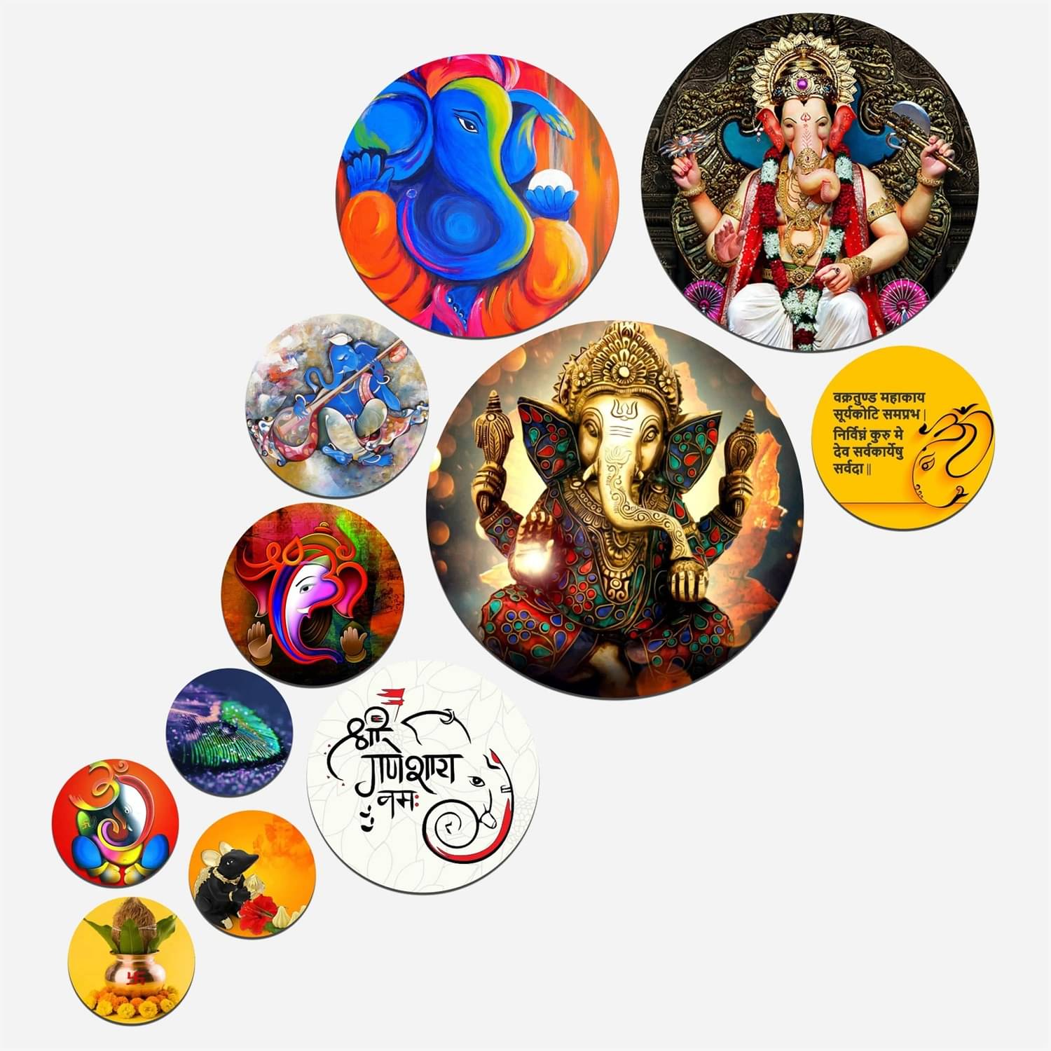     			KKArt Set Of 11 Modern Art lord Ganesha Round Self Adhesive Wall Decor Gift Items For Living Room Digital Reprint 21 inch x 26 inch