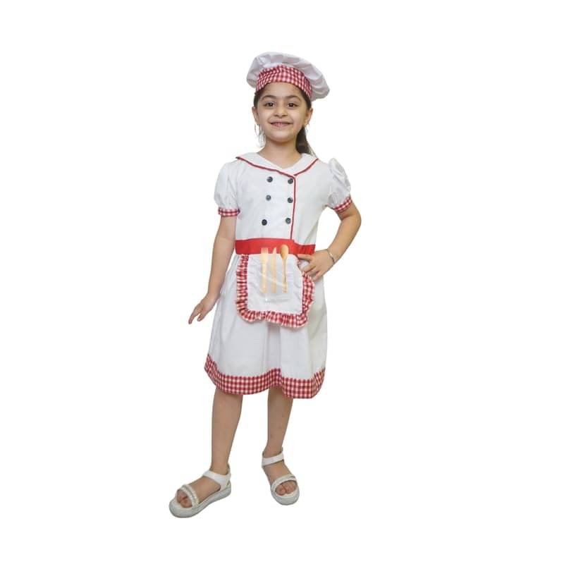     			Kaku Fancy Dresses Chef Costume for Kids Community Helper Role Play Fancy Dress Outfit - White/Red, 3-4 YEARS, Girl