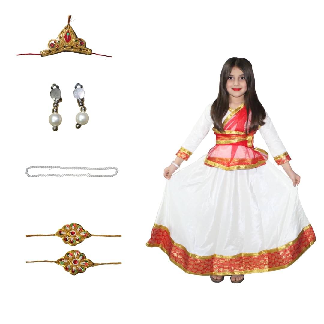     			Kaku Fancy Dresses Cream Radha Costume for Girls | Elegant Lehenga Choli with Dupatta | Janmashtami Fancy Dress for Kids -10-12 Years