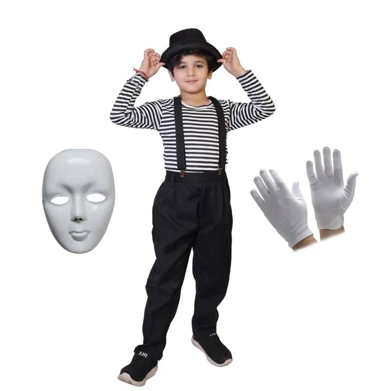     			Kaku Fancy Dresses Mime Halloween Costume for Kids Ghost Fancy Dress Outfit for Haunted Shows - Black/White, 3-4 YEARS, UNISEX