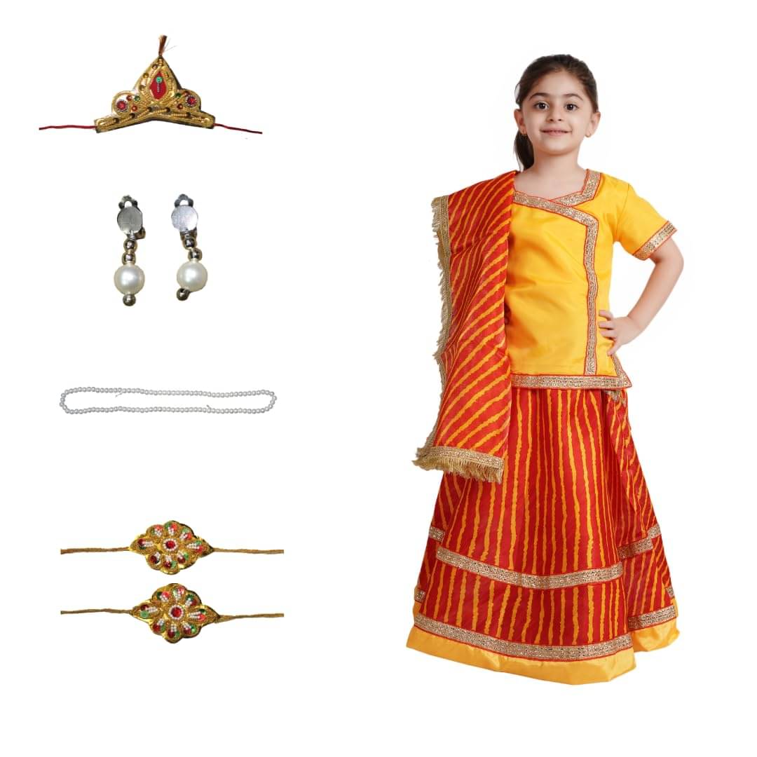 Kaku Fancy Dresses Traditional Radha Costume for Girls – Red & Yellow Lehenga Choli with Dupatta | Indian Mythological Fancy Dress for Janmashtami - 10-12 Years Kaku Fancy Dresses Traditional Radha Costume for Girls – Red & Yellow Lehenga Choli with Dupatta | Indian Mythological Fancy Dress for Janmashtami - 10-12 Years