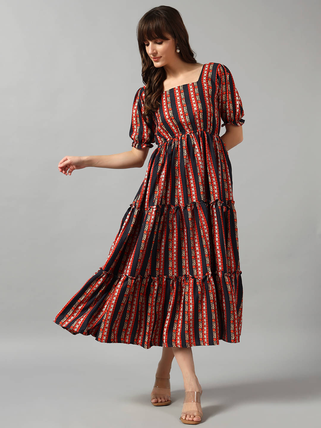 Krunal Raiyani Women Crepe Printed Fit & Flare Dress ( Black )     			Krunal Raiyani Women Crepe Printed Fit & Flare Dress ( Black )