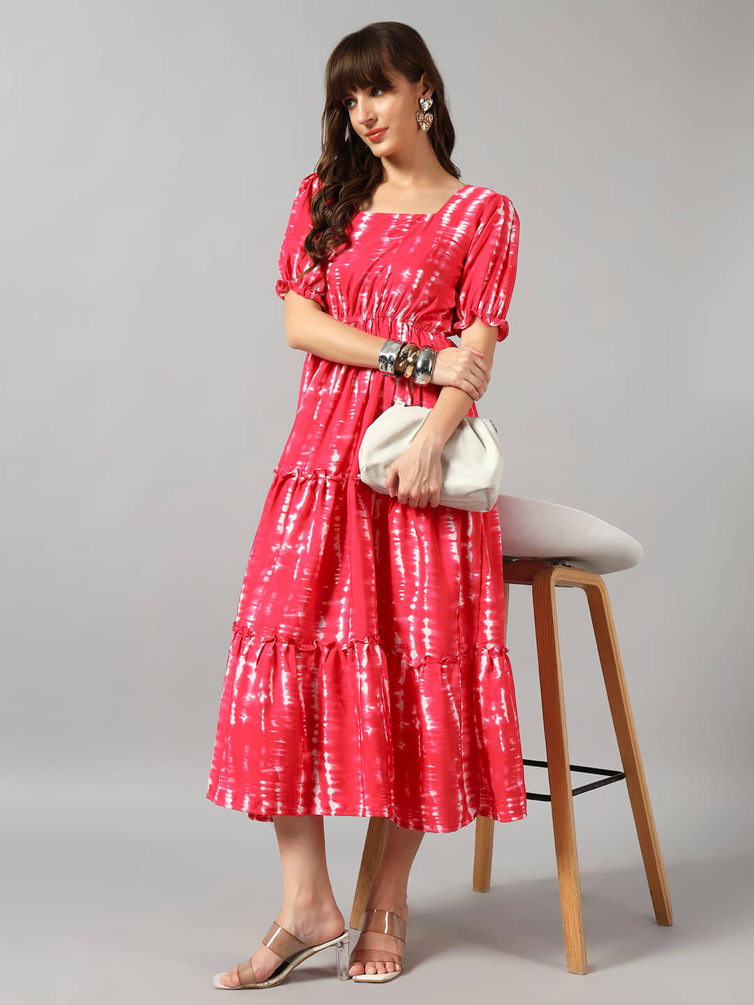     			Krunal Raiyani Women Crepe Printed Fit & Flare Dress ( Pink )