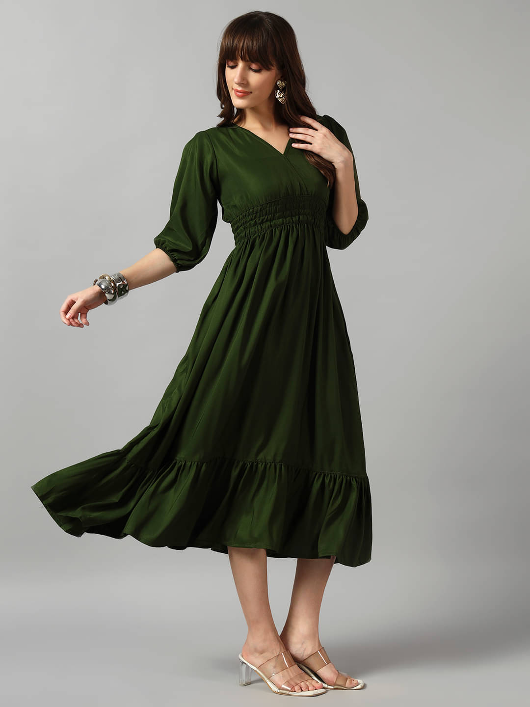     			Krunal Raiyani Women Crepe Solid Fit & Flare Dress ( Olive )