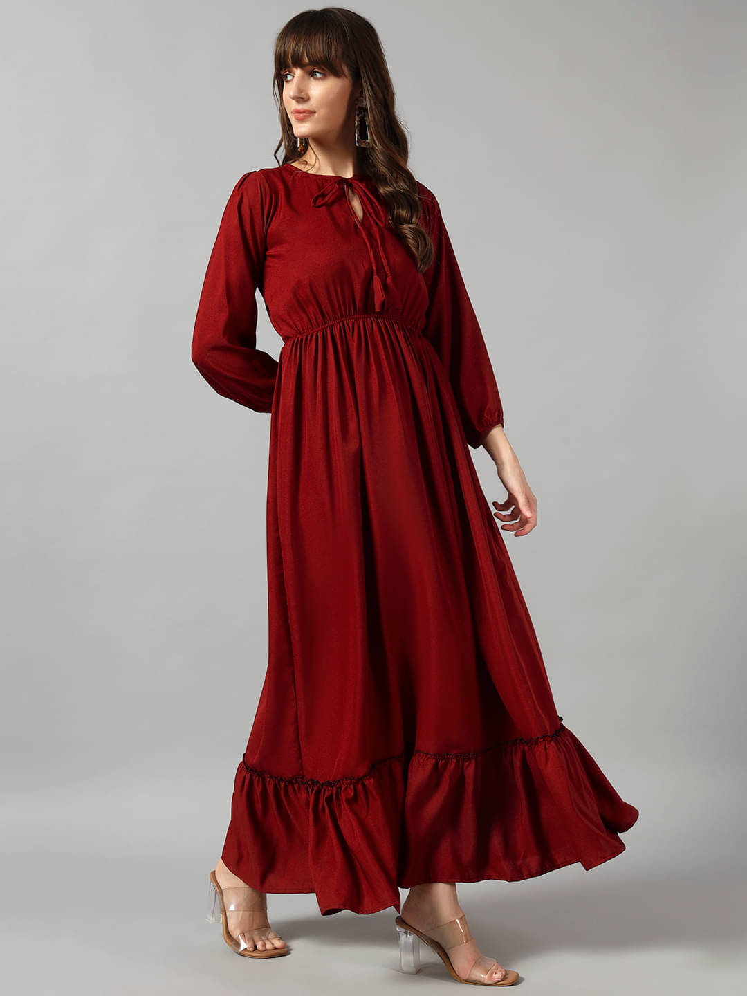 Krunal Raiyani Women Crepe Solid Fit & Flare Dress ( Maroon )     			Krunal Raiyani Women Crepe Solid Fit & Flare Dress ( Maroon )