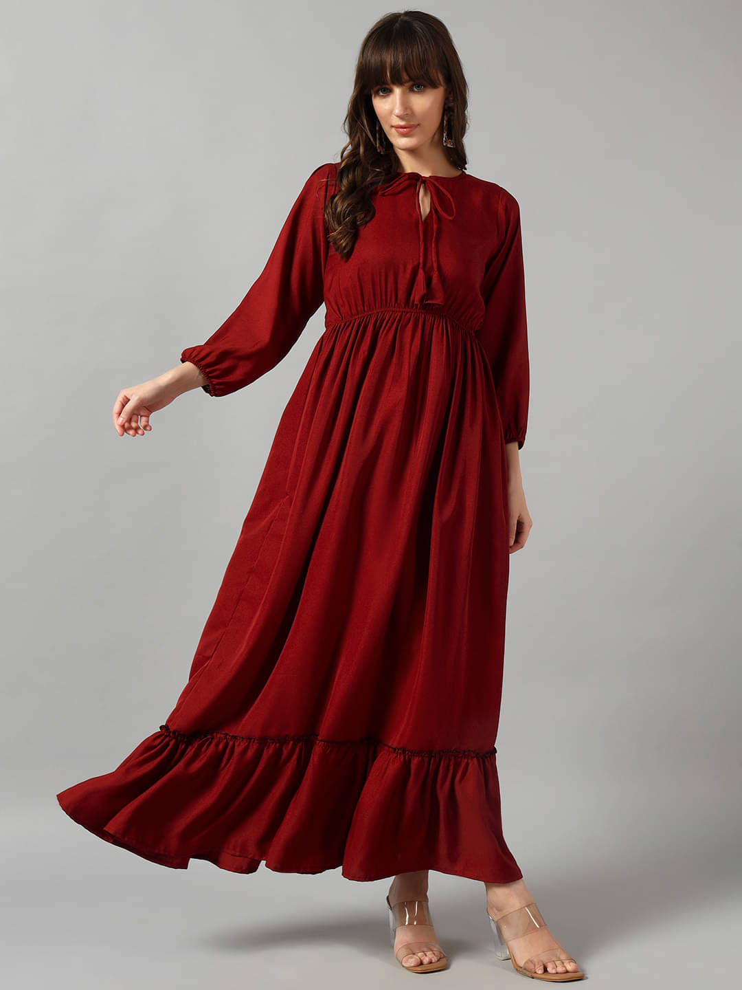     			Krunal Raiyani Women Crepe Solid Fit & Flare Dress ( Maroon )