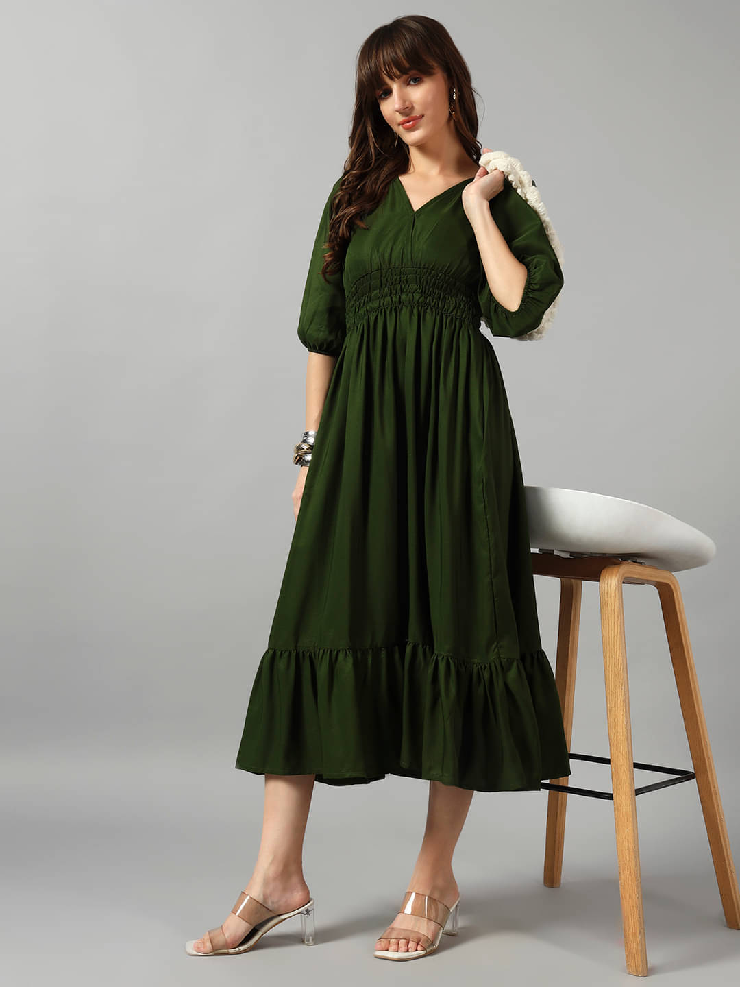     			Krunal Raiyani Women Crepe Solid Fit & Flare Dress ( Olive )