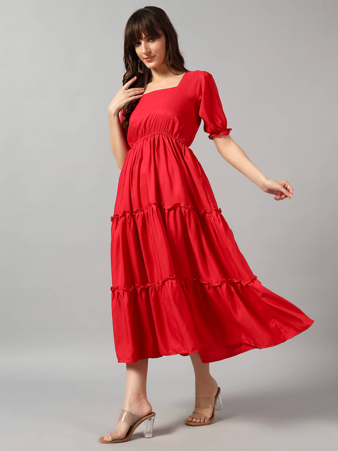     			Krunal Raiyani Women Crepe Solid Fit & Flare Dress ( Pink )