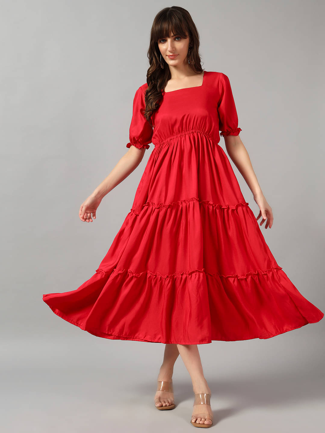     			Krunal Raiyani Women Crepe Solid Fit & Flare Dress ( Pink )