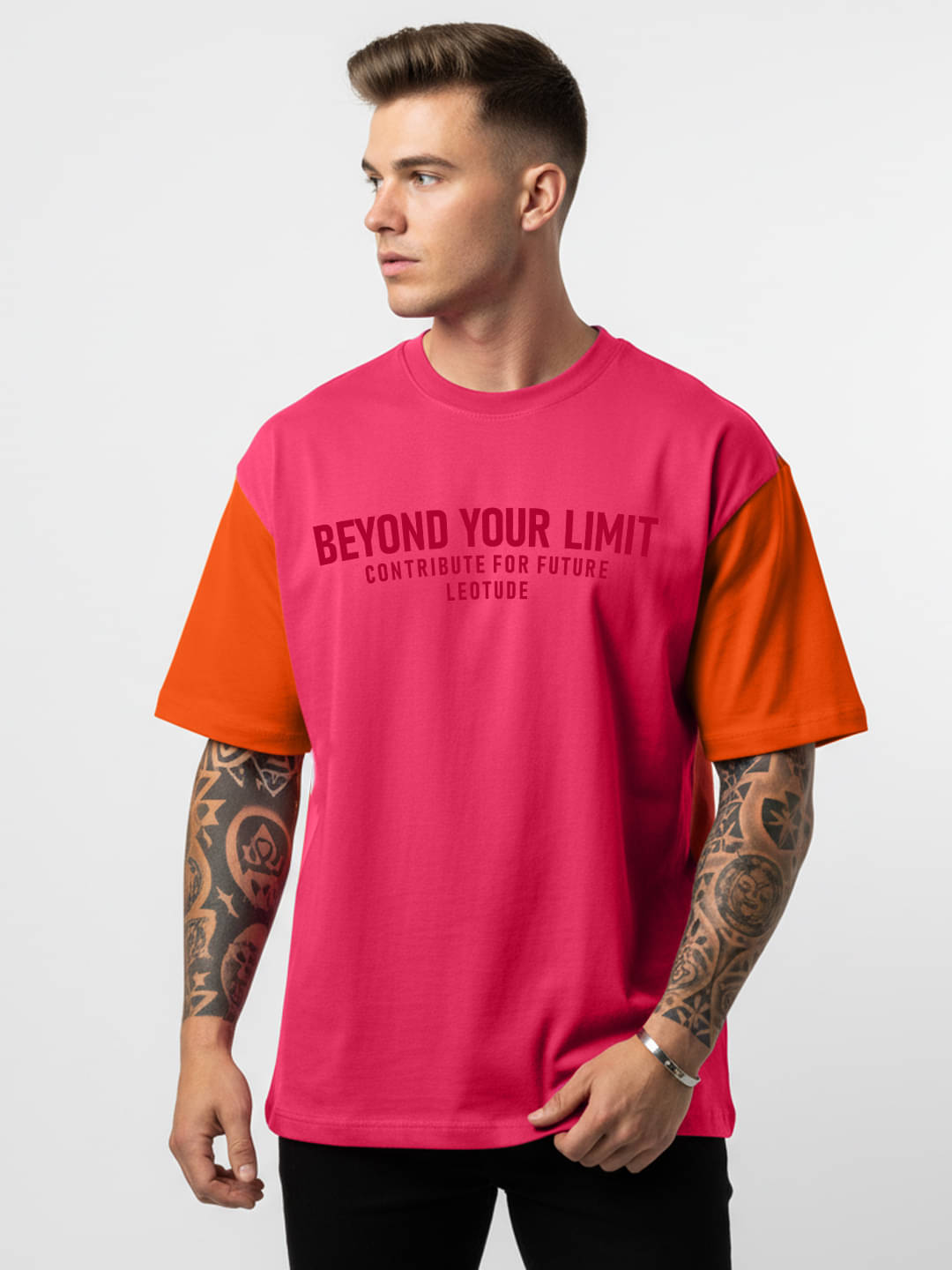     			Leotude Men Cotton Blend Oversized Fit Printed T-Shirt ( Pink )