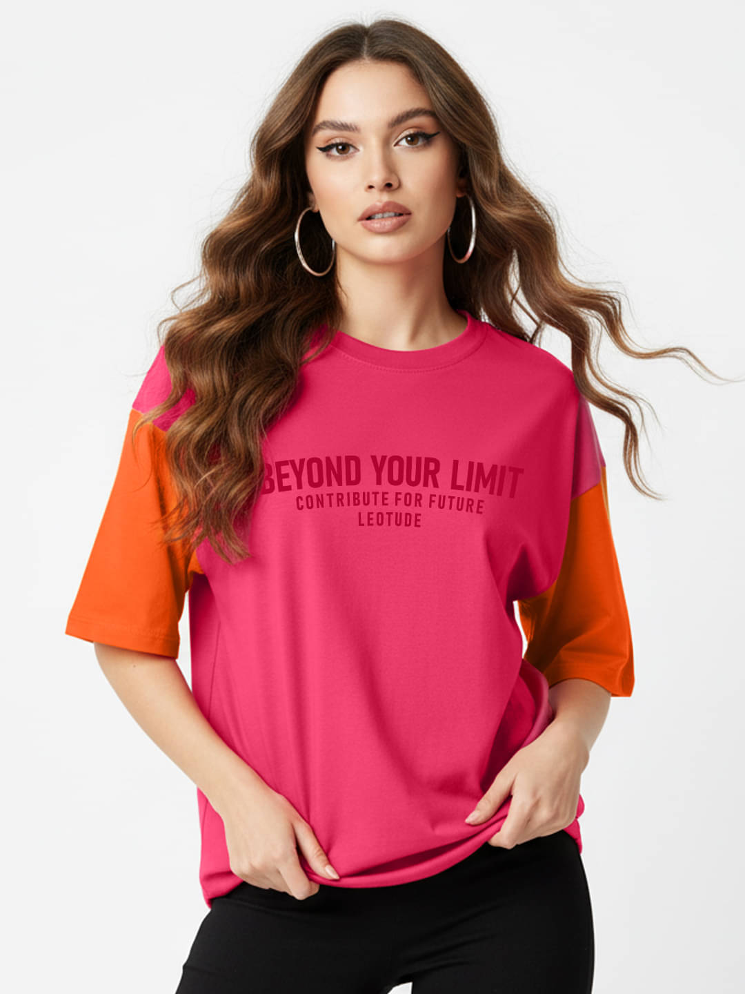     			Leotude Women Cotton Blend Printed Oversized Fit Round Neck T-Shirt ( Pink )
