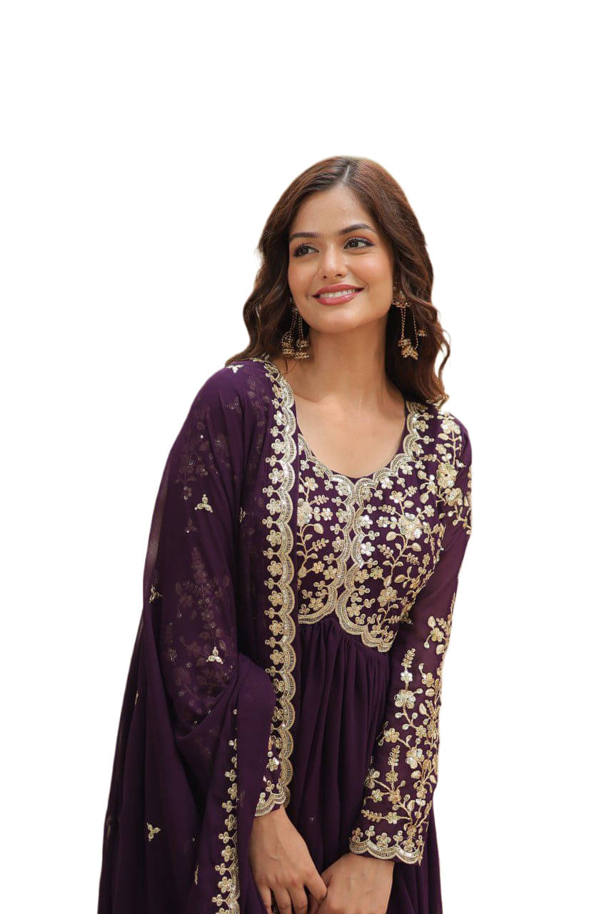     			Maa Enterprise Women Georgette Flared Stitched Ethnic Gown With Dupatta ( Wine )