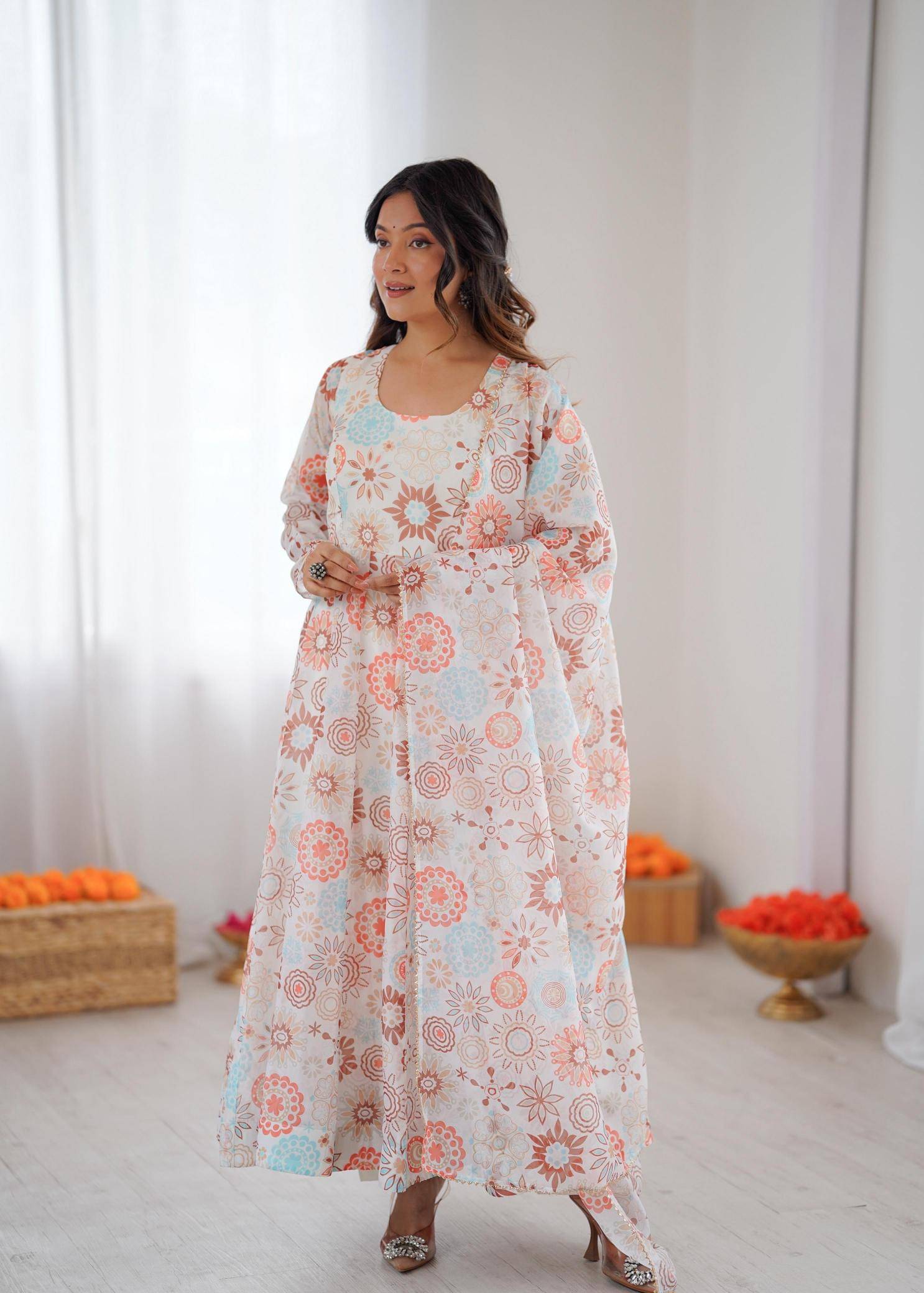     			Maa Enterprise Women Organza Flared Stitched Ethnic Gown With Dupatta ( Multicolor )
