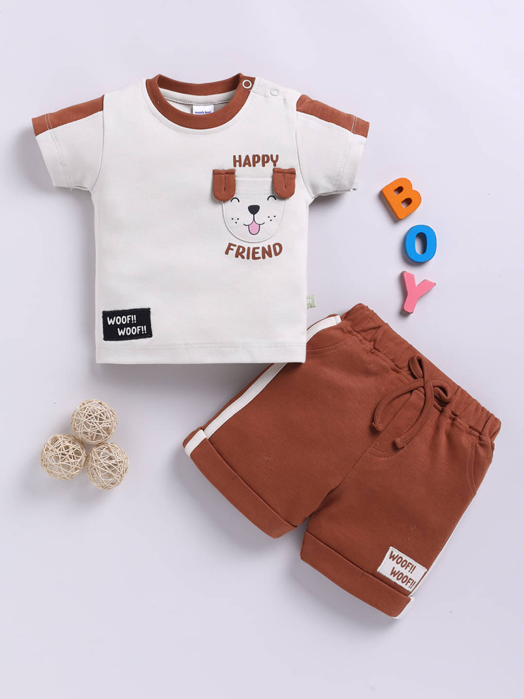     			Mom's Love Printed Pure Cotton Set and Suit For Infant Boys (Beige, Pack of 1)