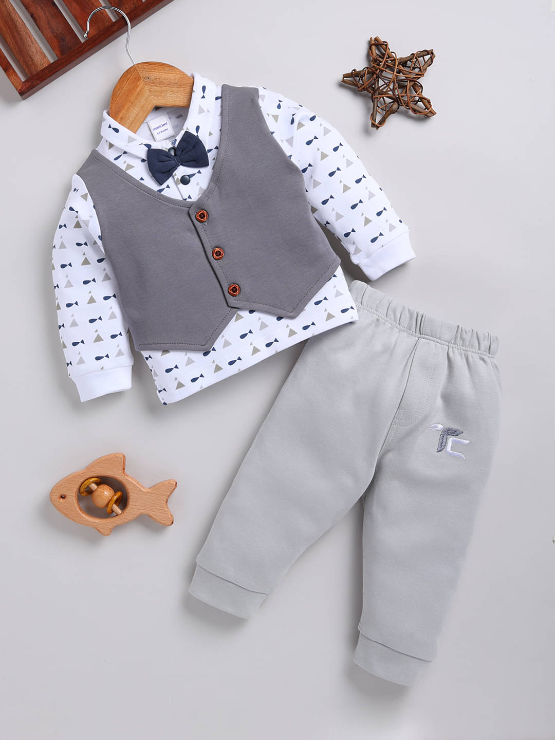     			Mom's Love Printed Pure Cotton Set and Suit For Infant Boys (Grey, Pack of 1)