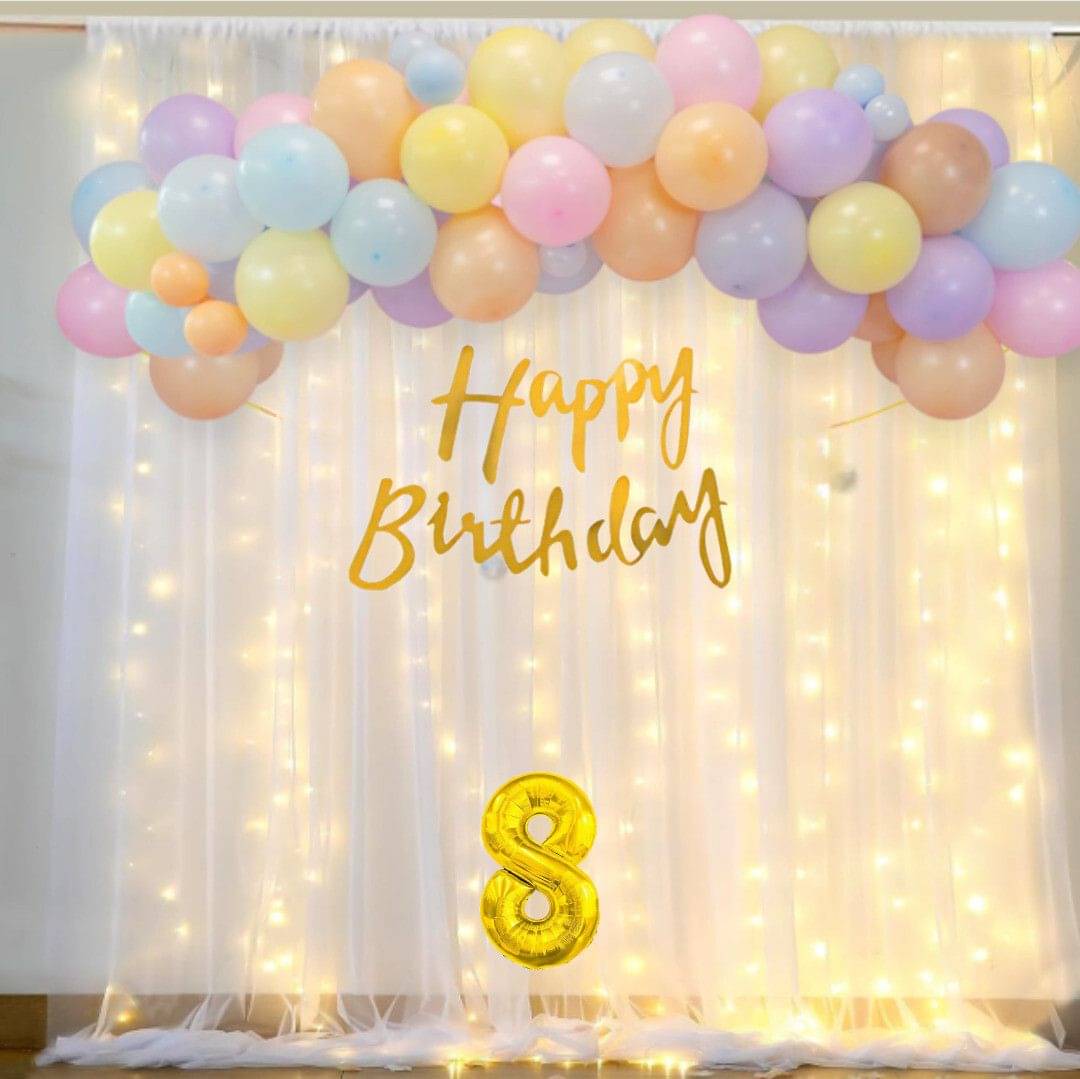 Multicolor Pastel Balloon Birthday Combo for 8 Year Old with Net Curtain, LED     			Multicolor Pastel Balloon Birthday Combo for 8 Year Old with Net Curtain, LED
