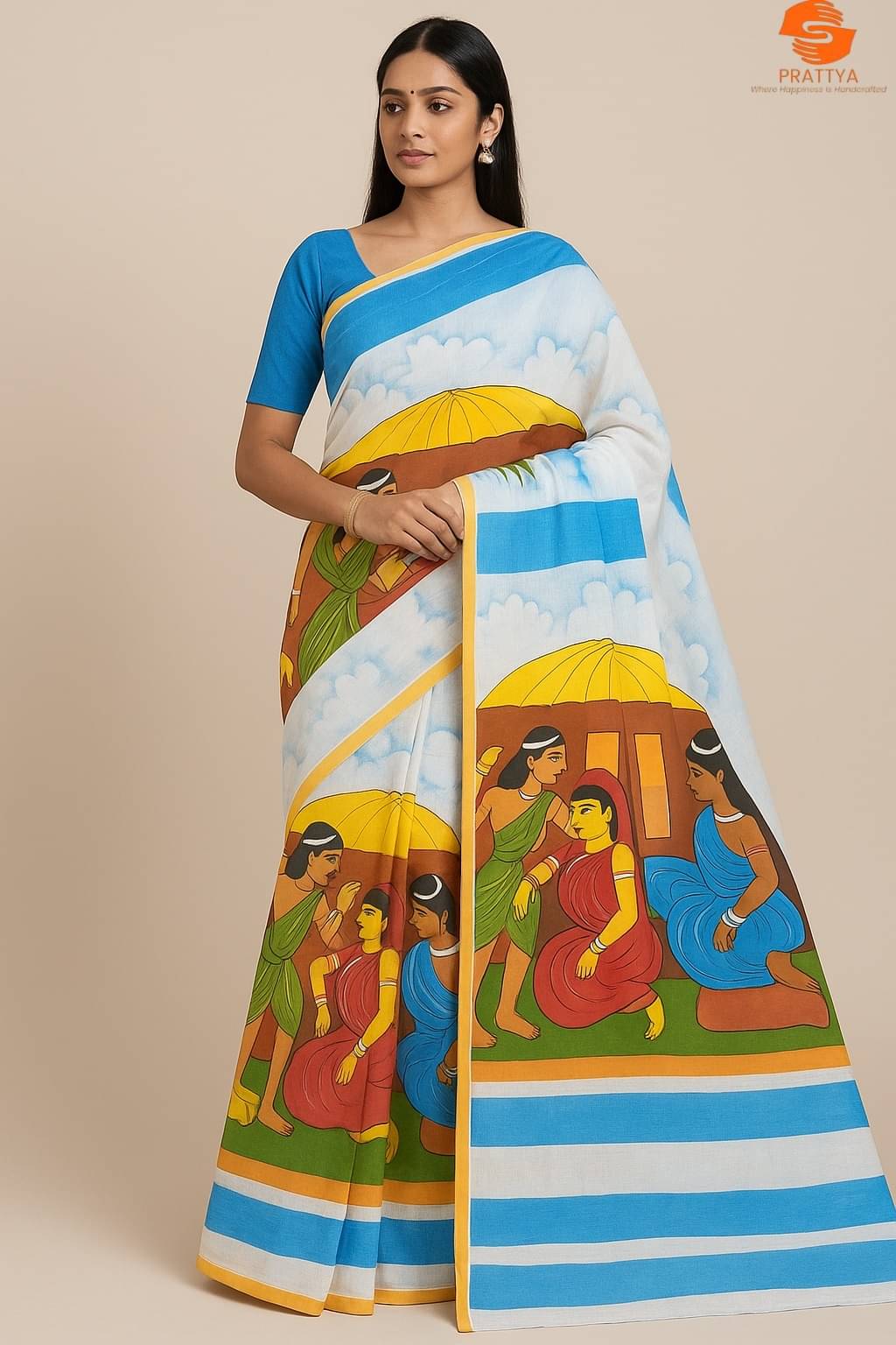     			PRATTYA Cotton Silk Printed Regular Saree With Unstitched Blouse Piece ( White,Navy Blue )