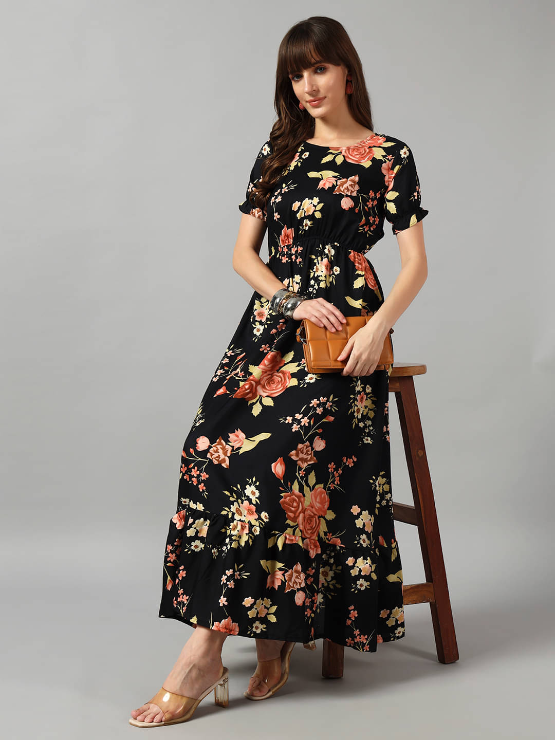     			RAIYANI FASHION Women Crepe Printed Fit & Flare Dress ( Gold )