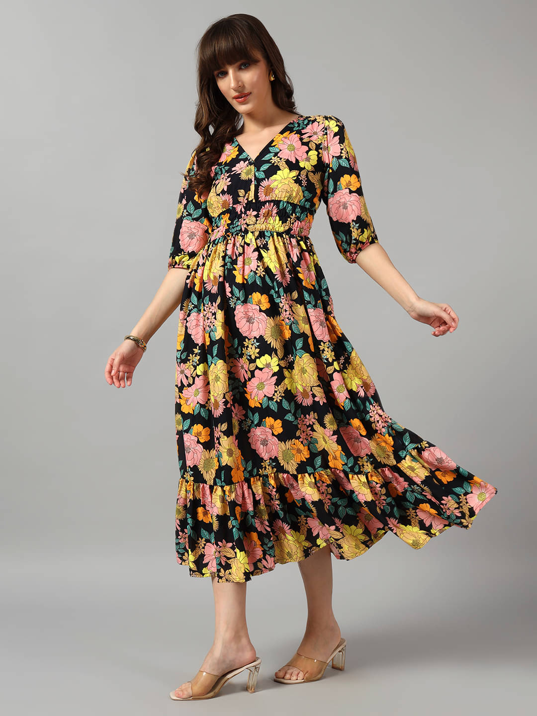     			RAIYANI FASHION Women Crepe Printed Fit & Flare Dress ( Yellow )