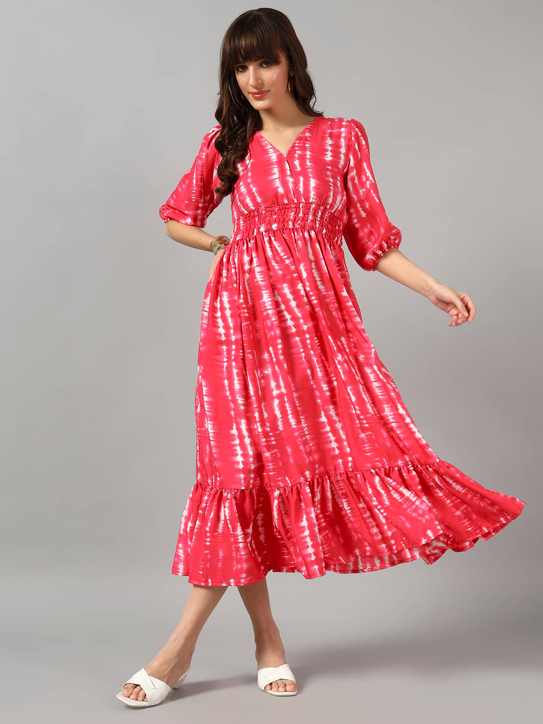     			RAIYANI FASHION Women Crepe Printed Fit & Flare Dress ( Pink )