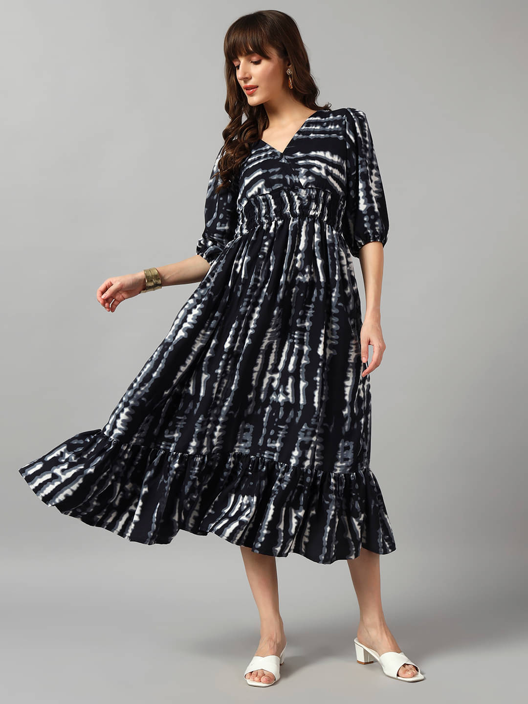     			RAIYANI FASHION Women Crepe Printed Fit & Flare Dress ( Black )