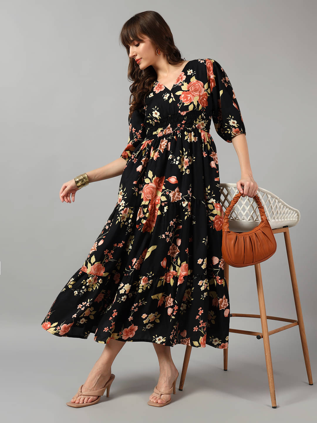     			RAIYANI FASHION Women Crepe Printed Fit & Flare Dress ( Gold )