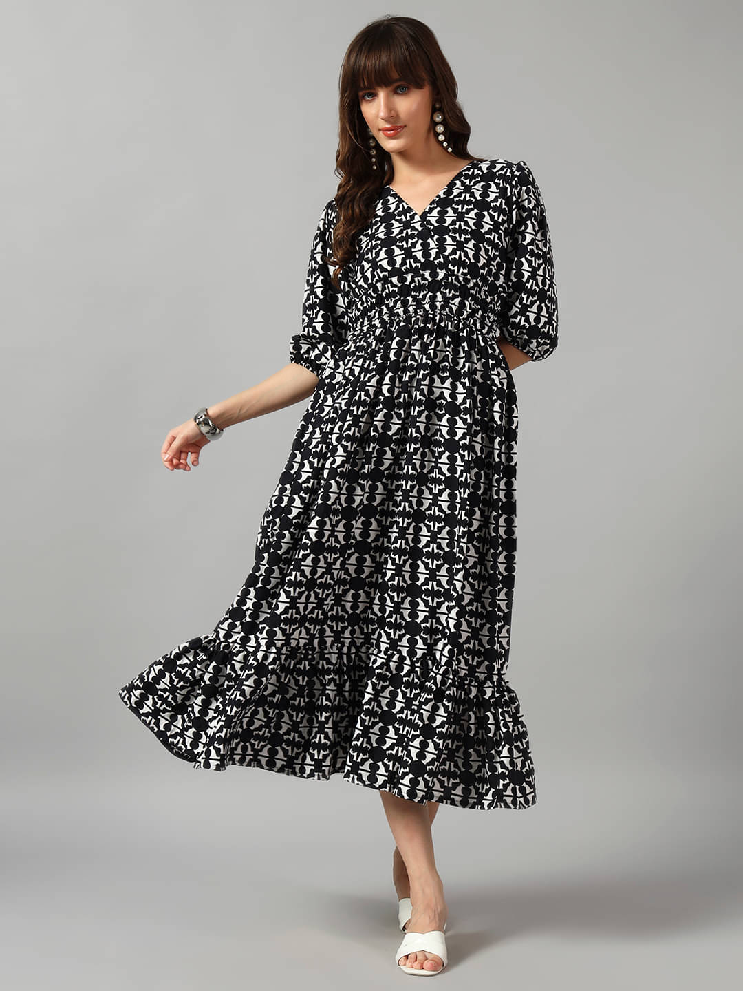     			RAIYANI FASHION Women Crepe Printed Fit & Flare Dress ( Black )