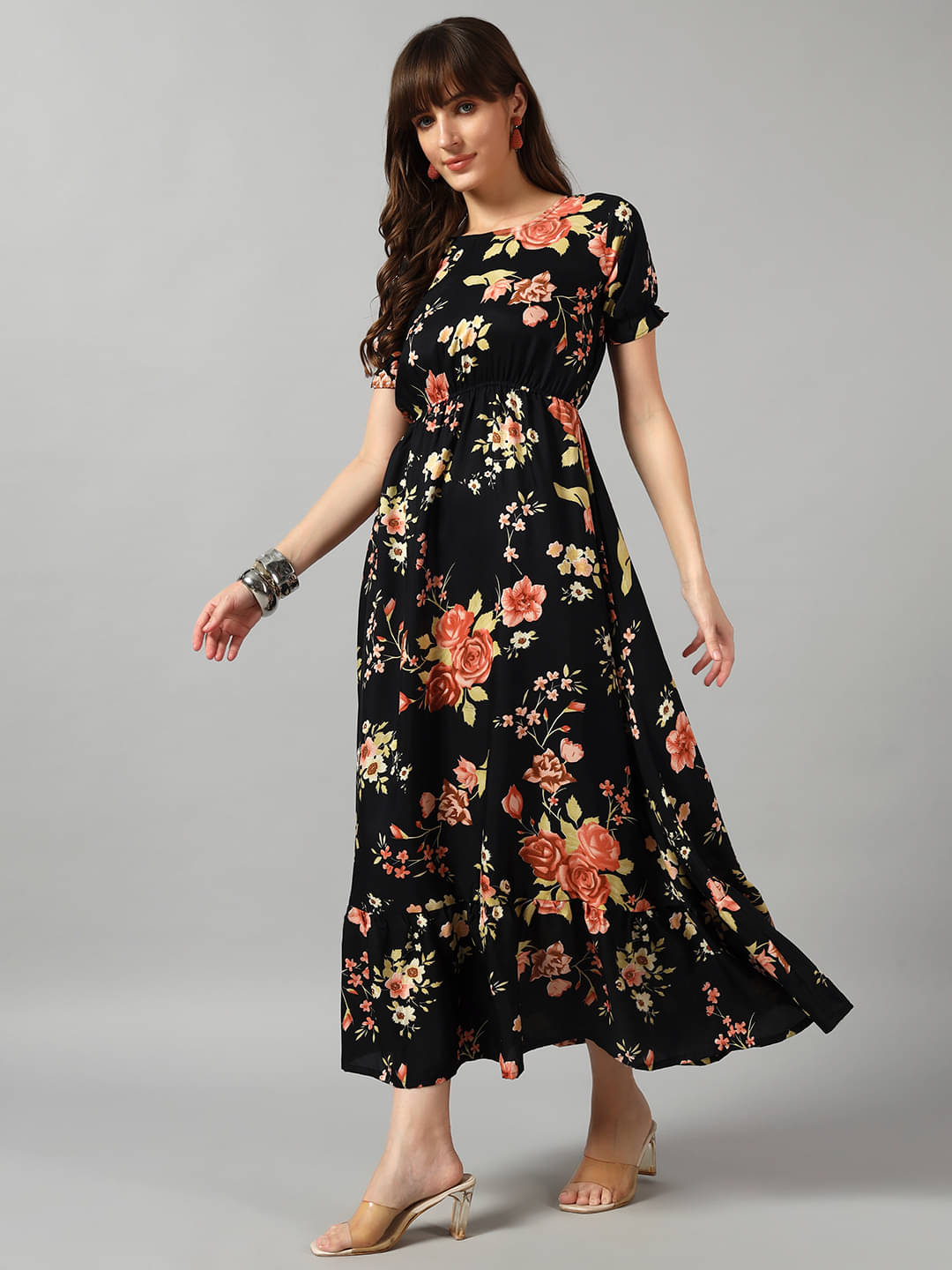     			RAIYANI FASHION Women Crepe Printed Fit & Flare Dress ( Gold )