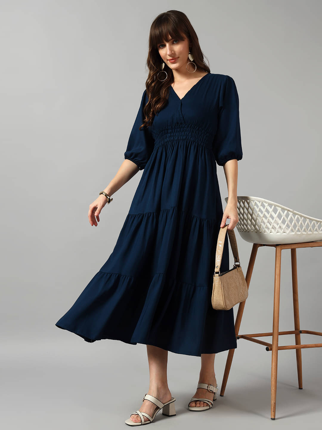    			RAIYANI FASHION Women Crepe Solid Fit & Flare Dress ( Blue )