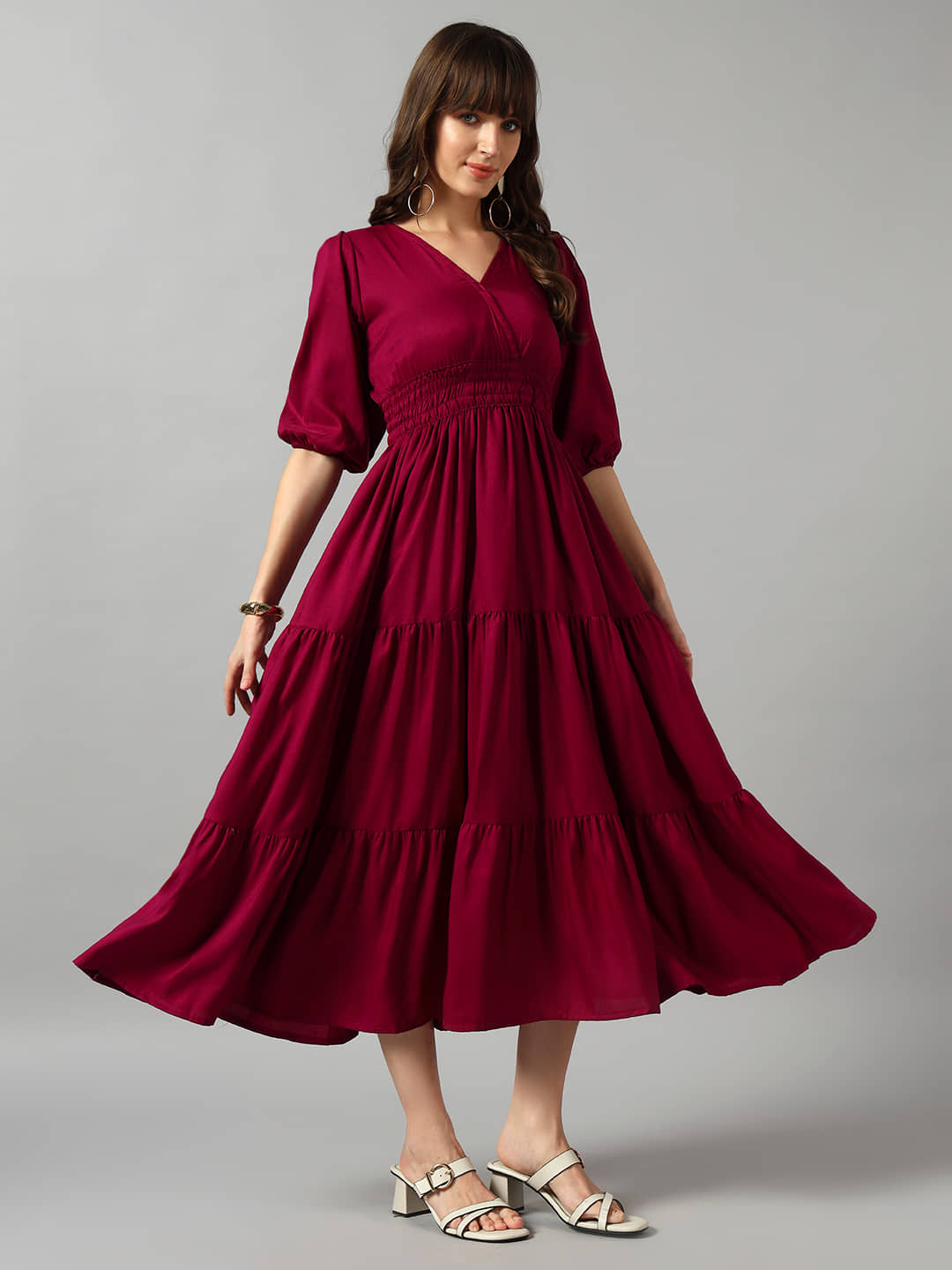 RAIYANI FASHION Women Crepe Solid Fit & Flare Dress ( Wine )